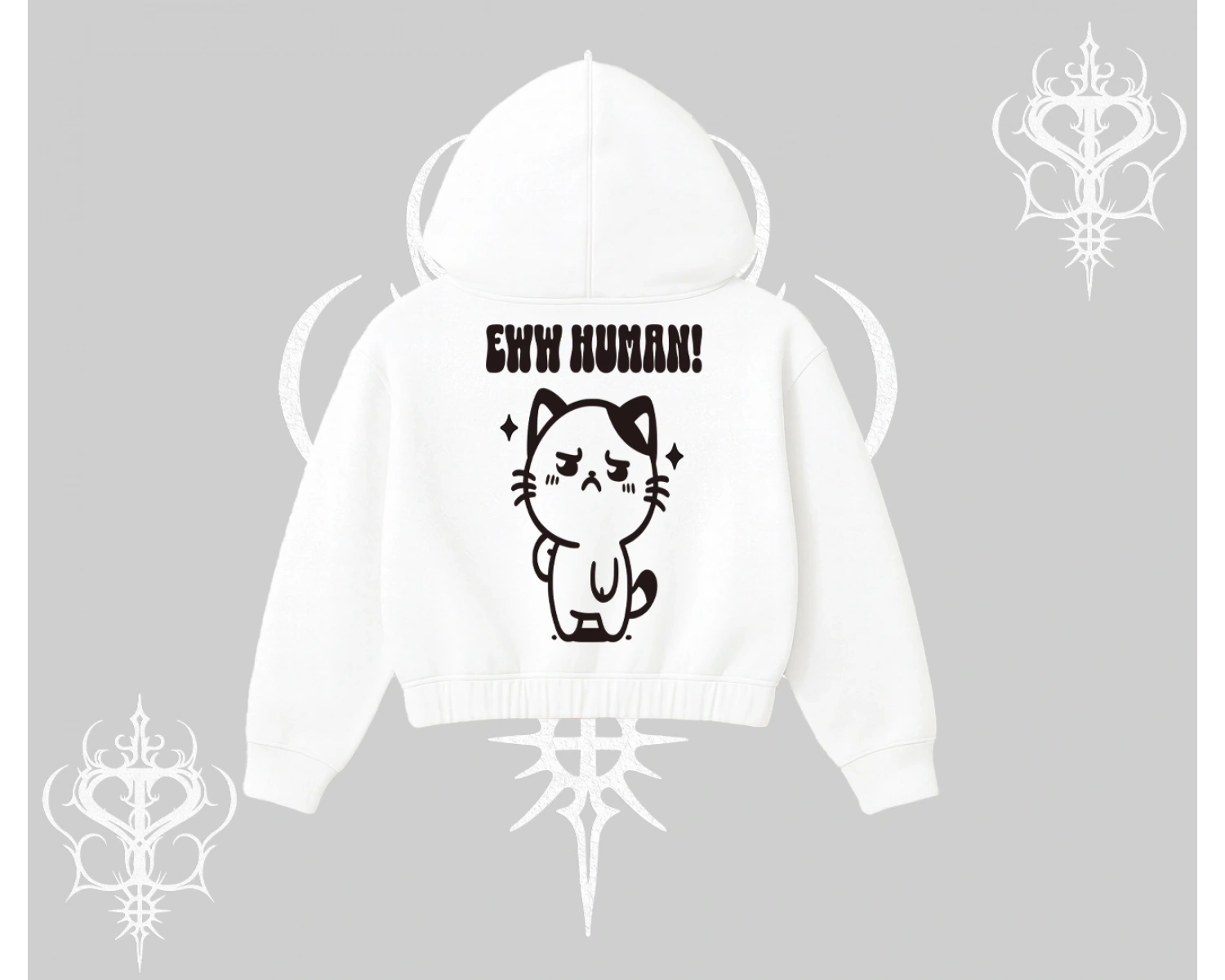 Sevimli Kedi Çizimli Arka Baskılı Kapşonlu Crop Sweatshirt