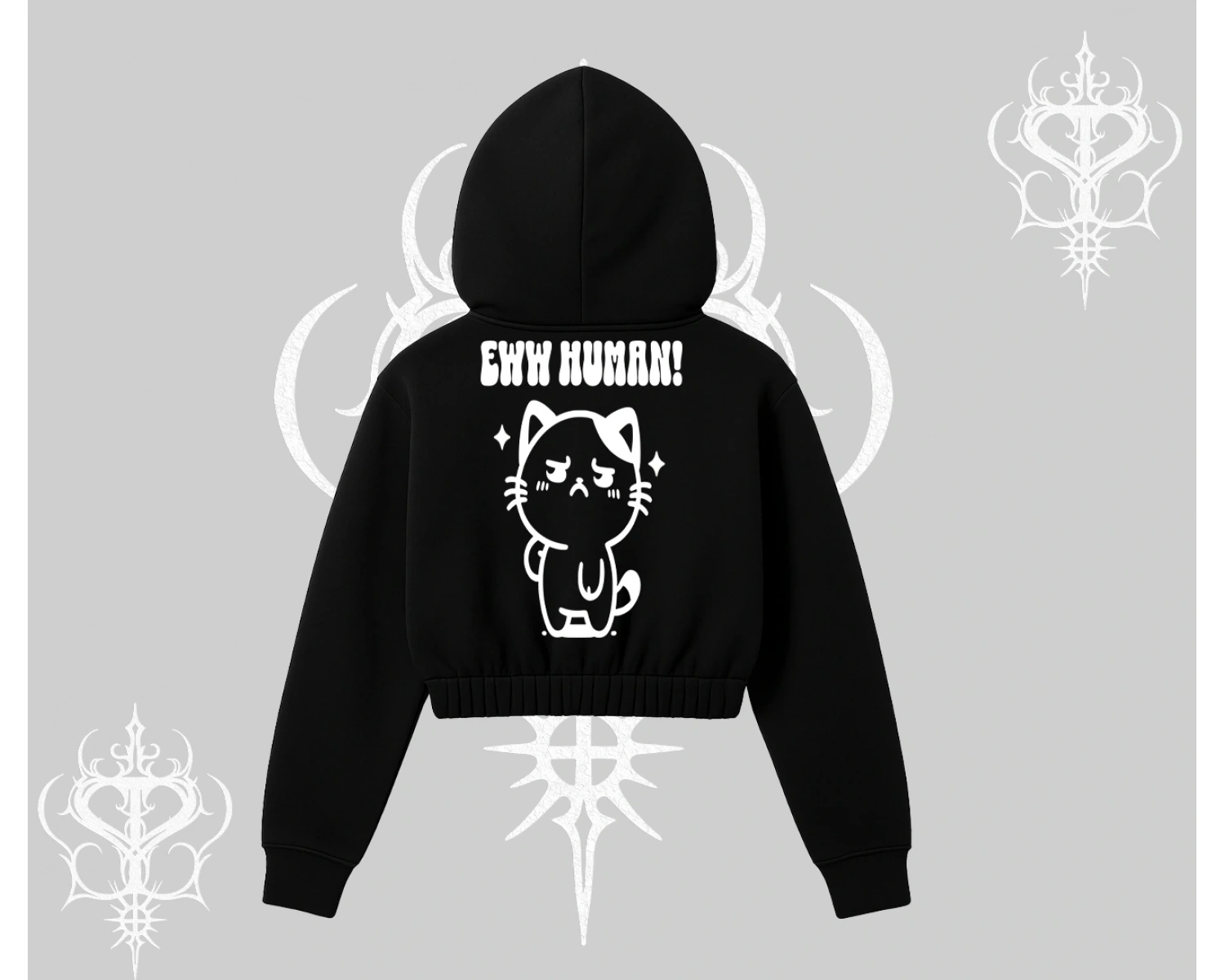 Sevimli Kedi Çizimli Arka Baskılı Kapşonlu Crop Sweatshirt