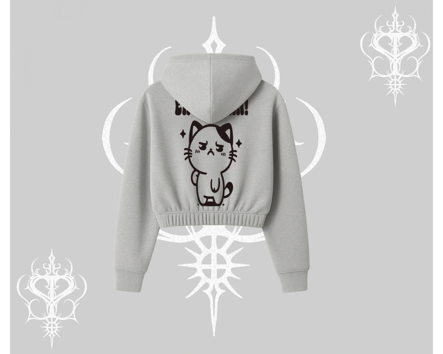Sevimli Kedi Çizimli Arka Baskılı Kapşonlu Crop Sweatshirt