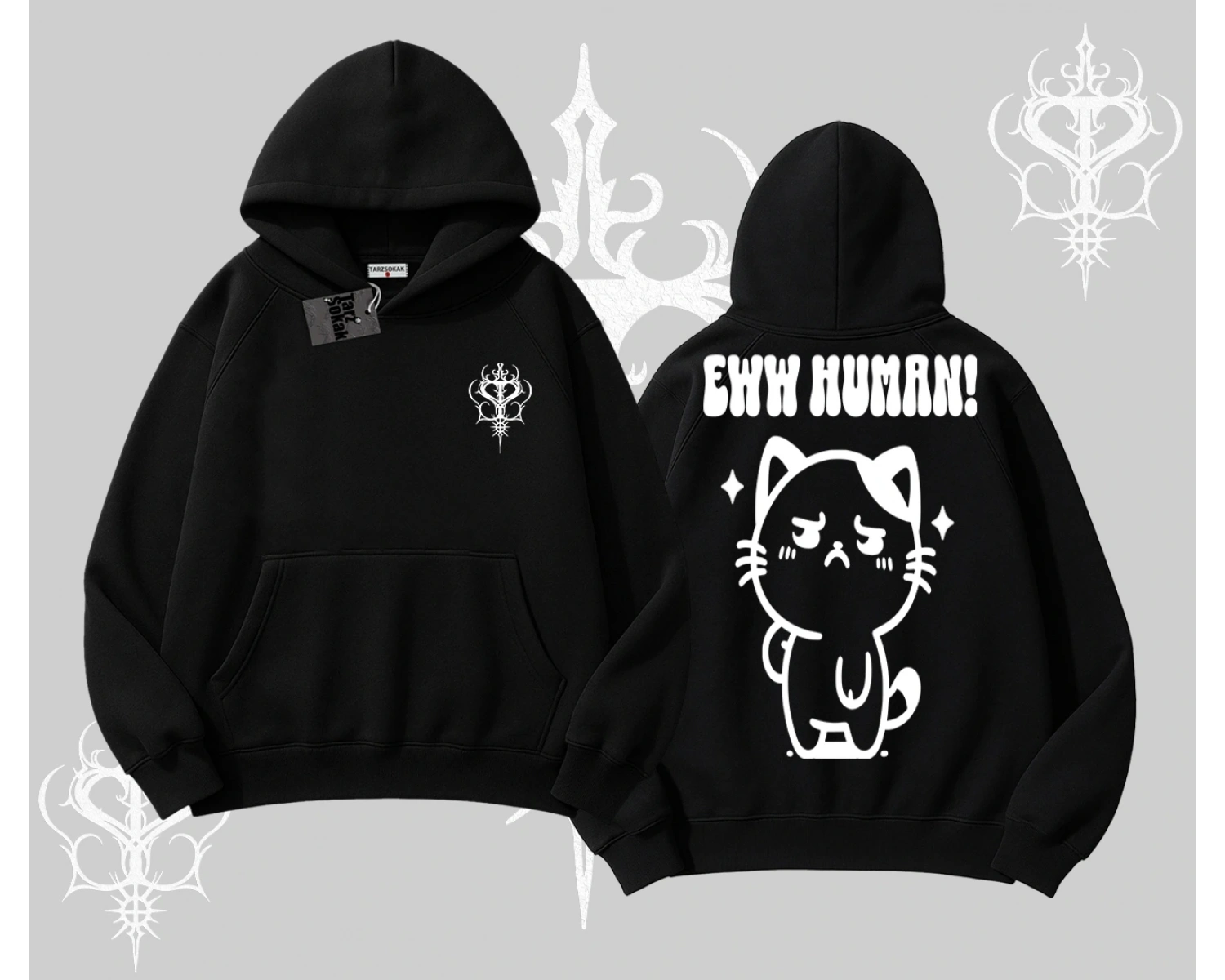 Sevimli Kedi Çizimli Arka Baskılı Kapşonlu Sweatshirt