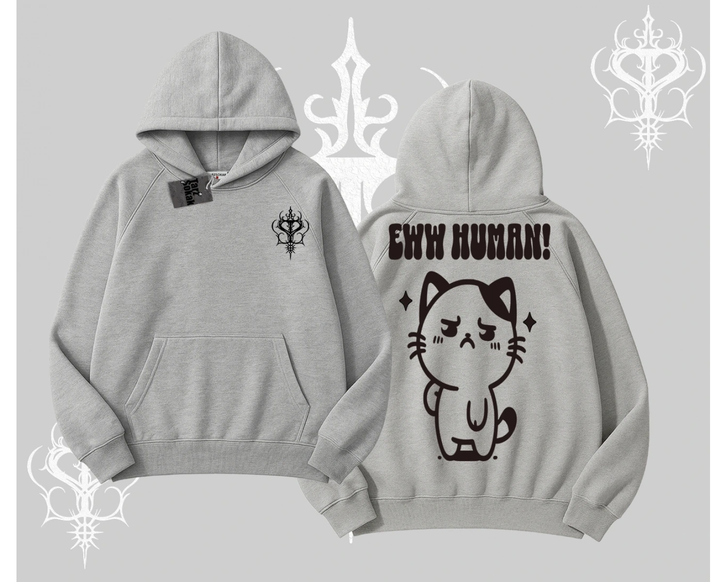 Sevimli Kedi Çizimli Arka Baskılı Kapşonlu Sweatshirt