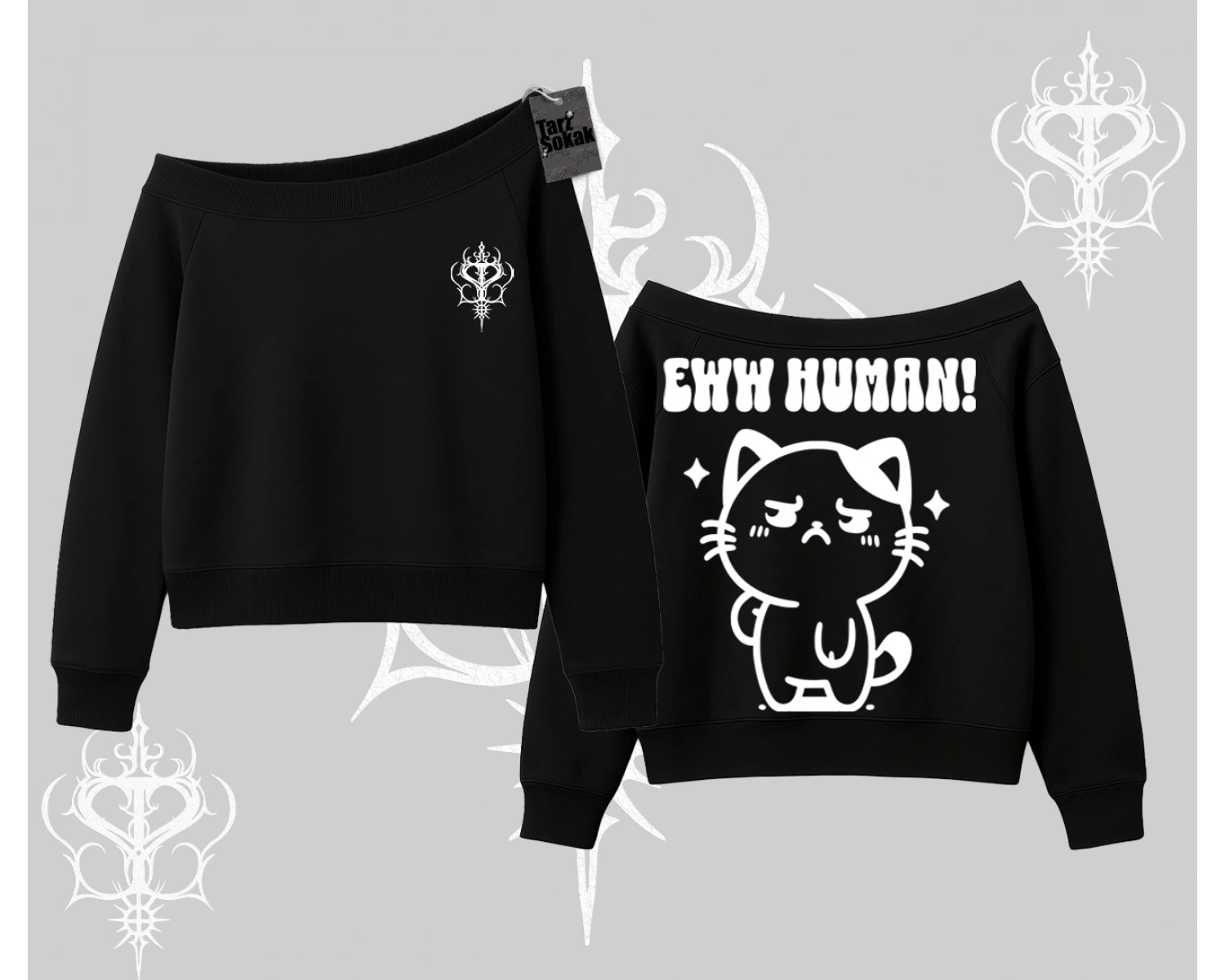 Sevimli Kedi Çizimli Arka Baskılı Kayık Yaka Sweatshirt
