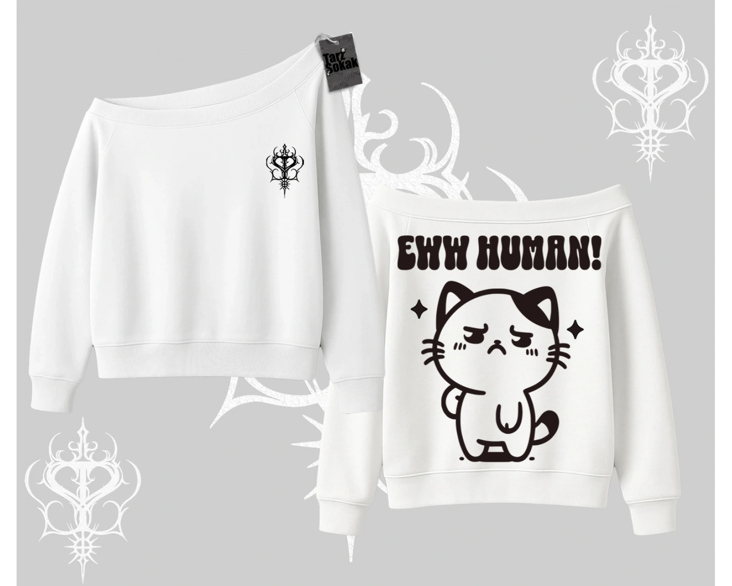 Sevimli Kedi Çizimli Arka Baskılı Kayık Yaka Sweatshirt