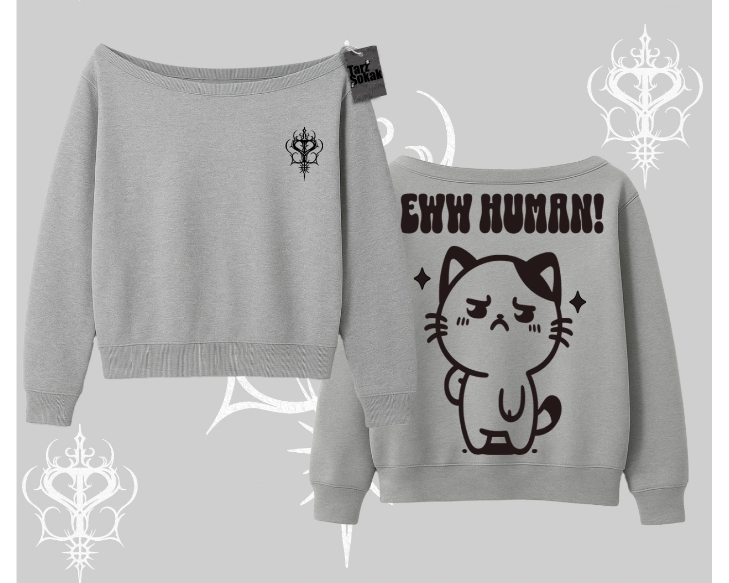 Sevimli Kedi Çizimli Arka Baskılı Kayık Yaka Sweatshirt