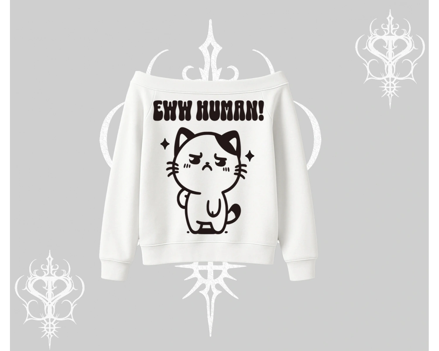 Sevimli Kedi Çizimli Arka Baskılı Kayık Yaka Sweatshirt