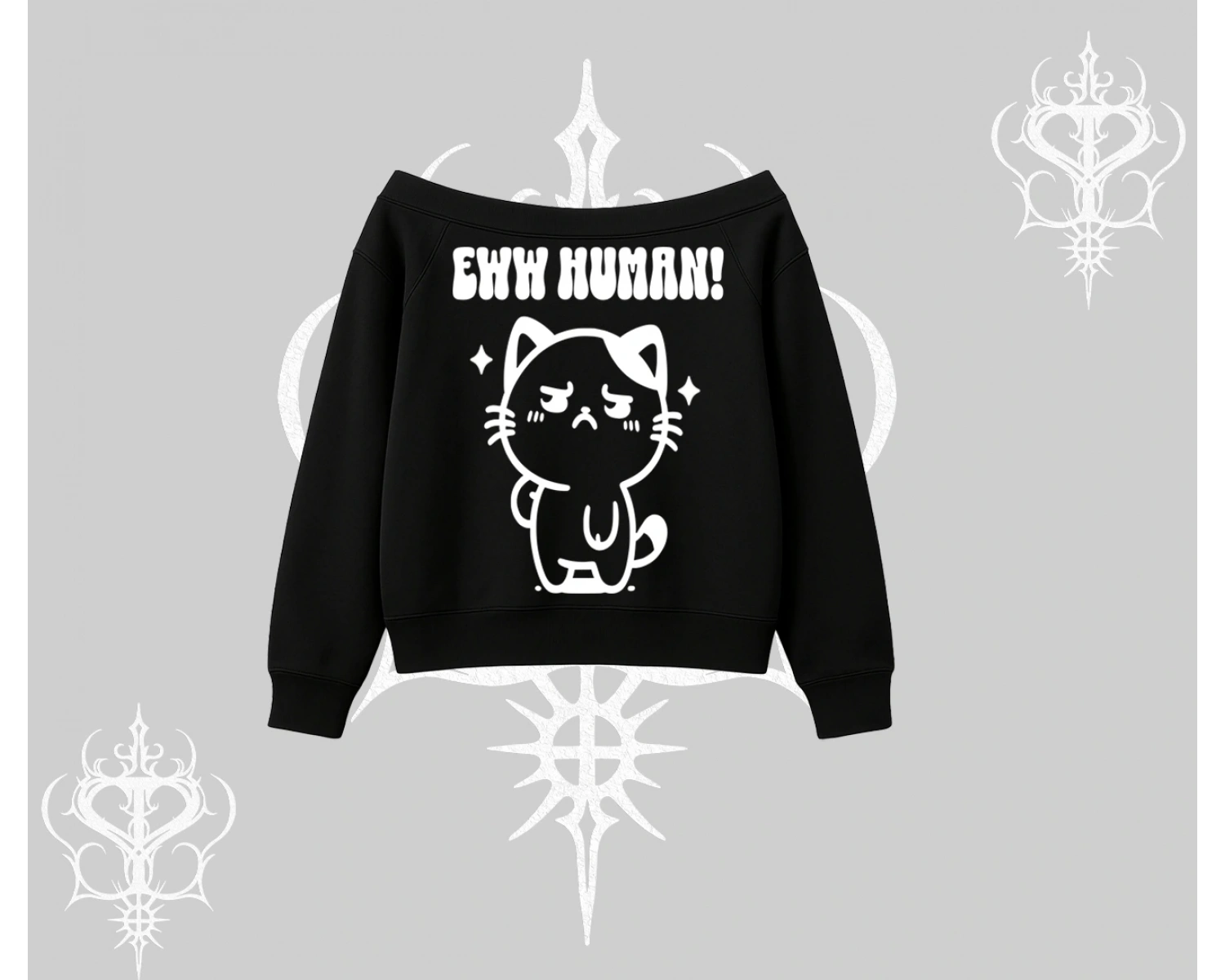 Sevimli Kedi Çizimli Arka Baskılı Kayık Yaka Sweatshirt