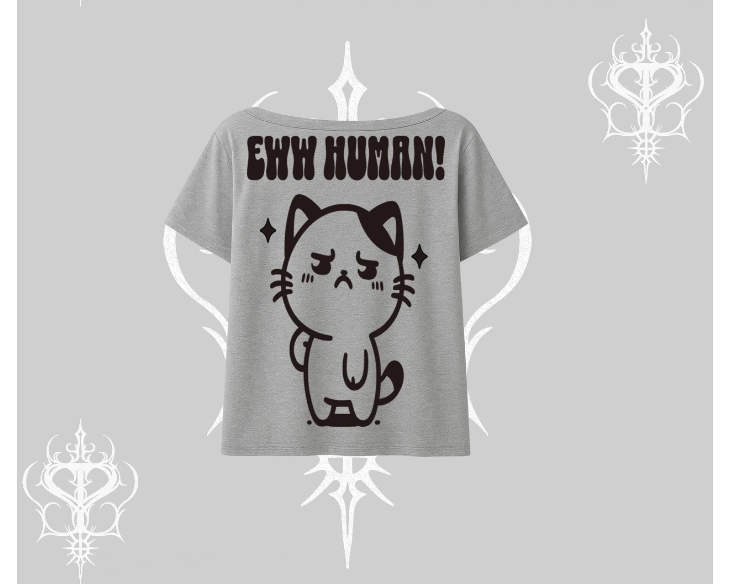 Sevimli Kedi Çizimli Arka Baskılı Kayık Yaka Tshirt