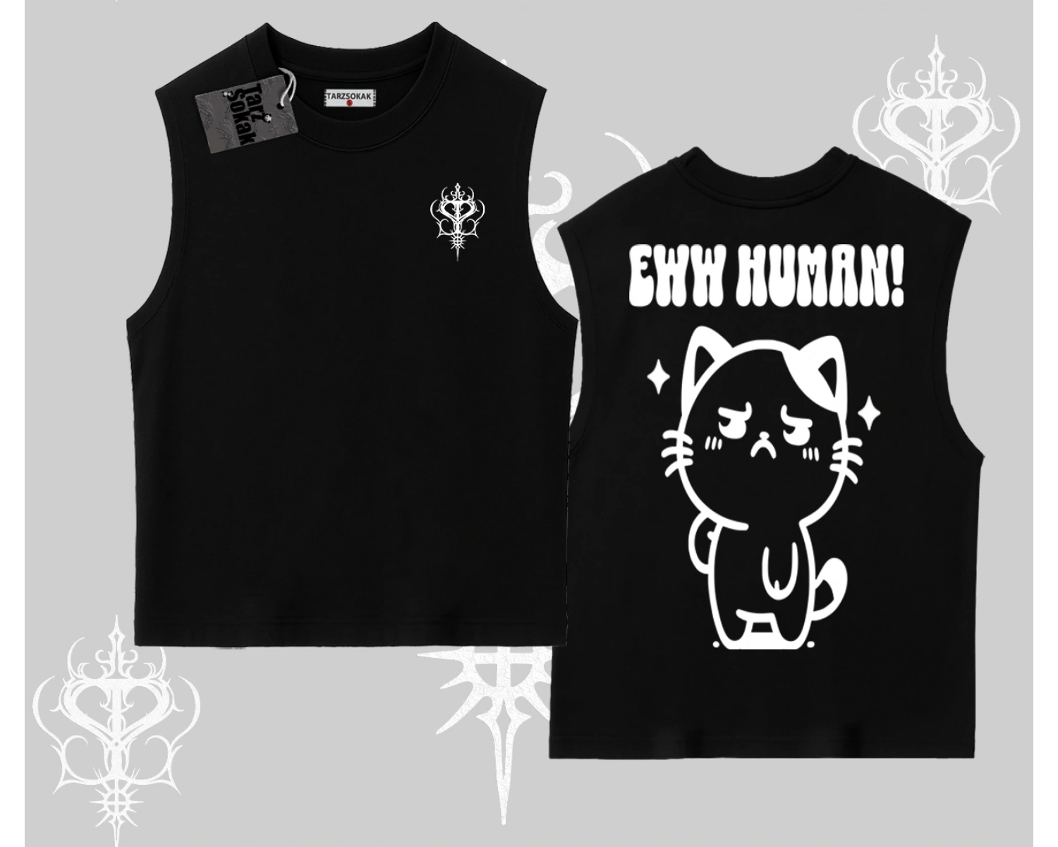 Sevimli Kedi Çizimli Arka Baskılı Kolsuz Tshirt