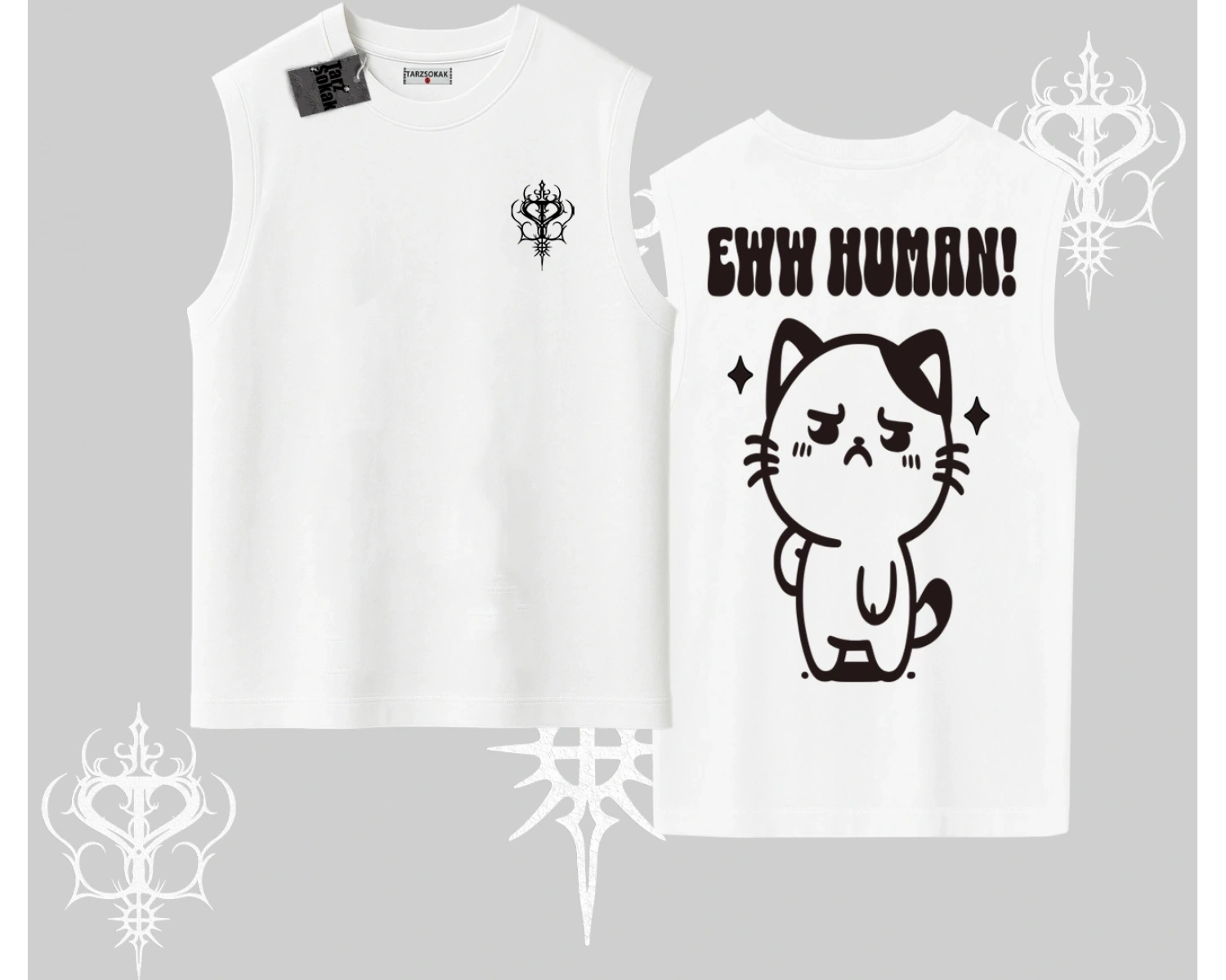 Sevimli Kedi Çizimli Arka Baskılı Kolsuz Tshirt