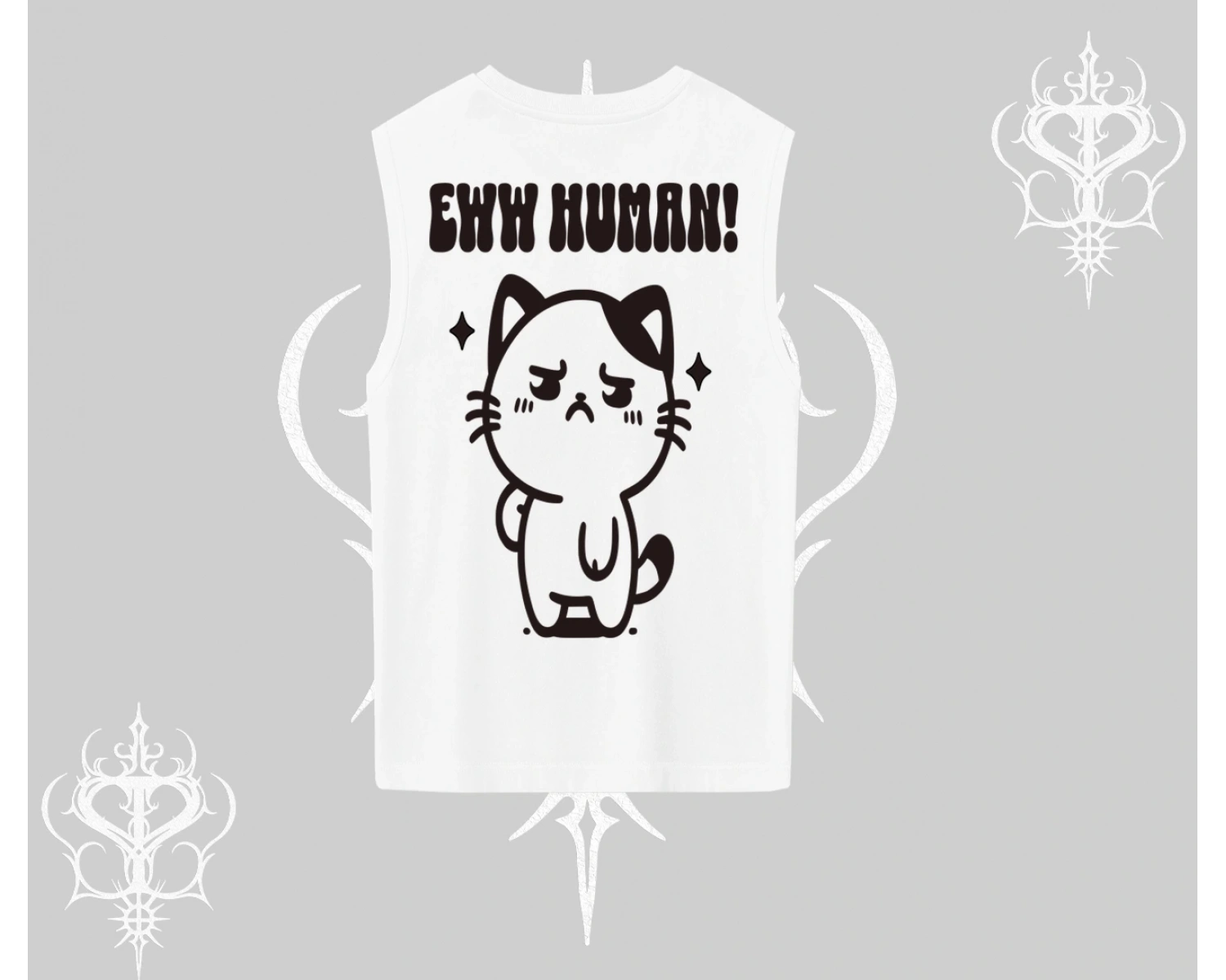 Sevimli Kedi Çizimli Arka Baskılı Kolsuz Tshirt