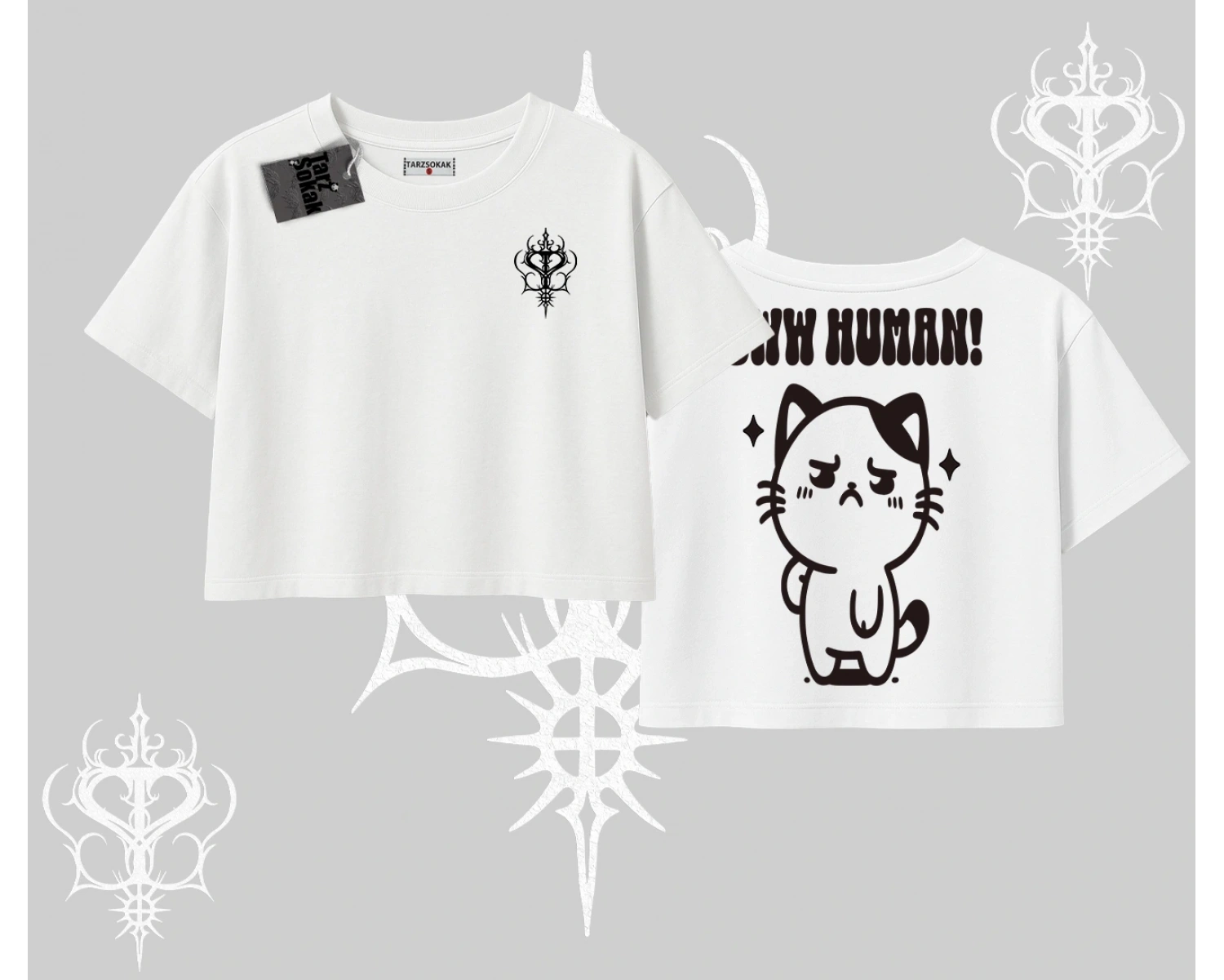 Sevimli Kedi Çizimli Arka Baskılı Oversize Crop Tshirt