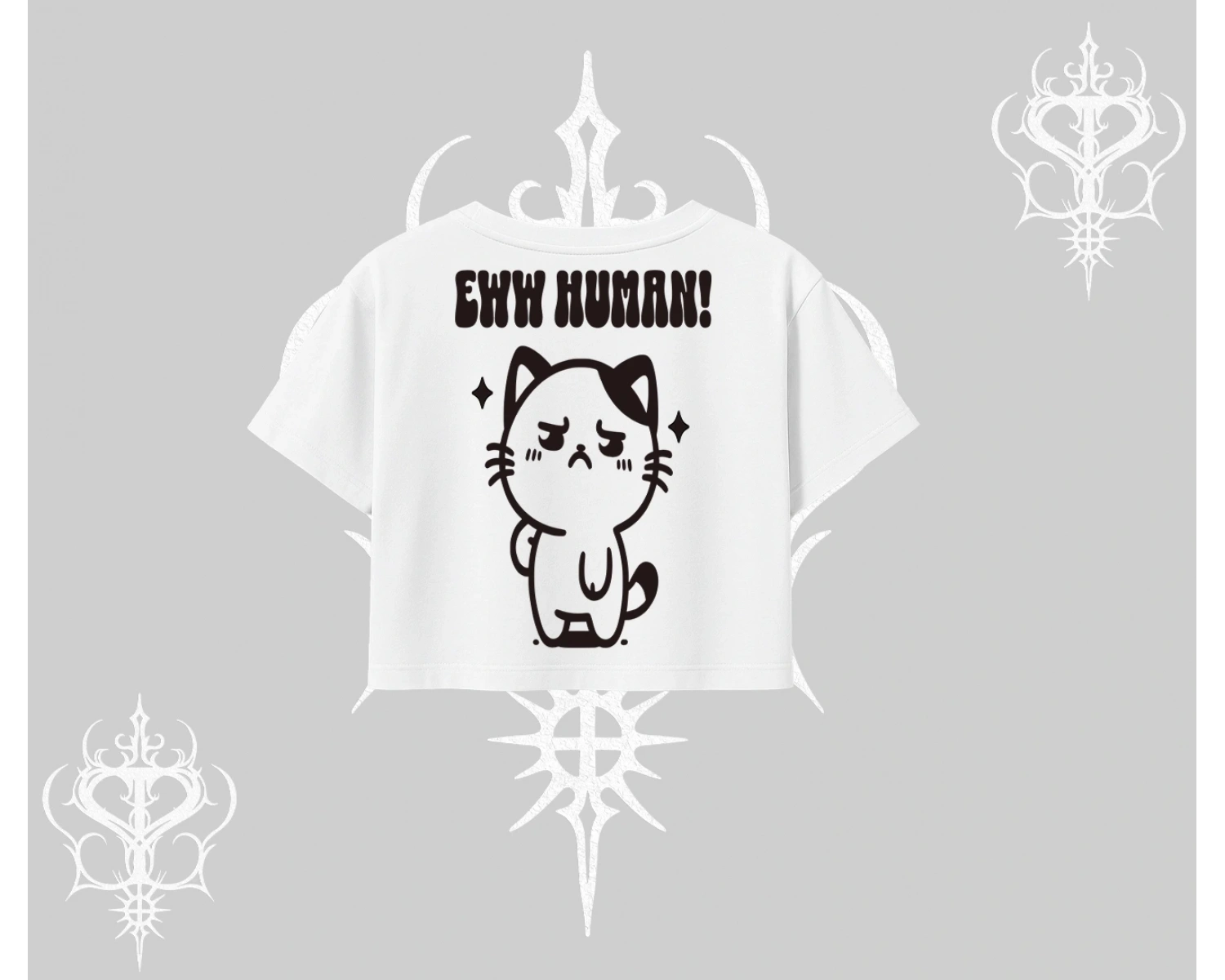 Sevimli Kedi Çizimli Arka Baskılı Oversize Crop Tshirt