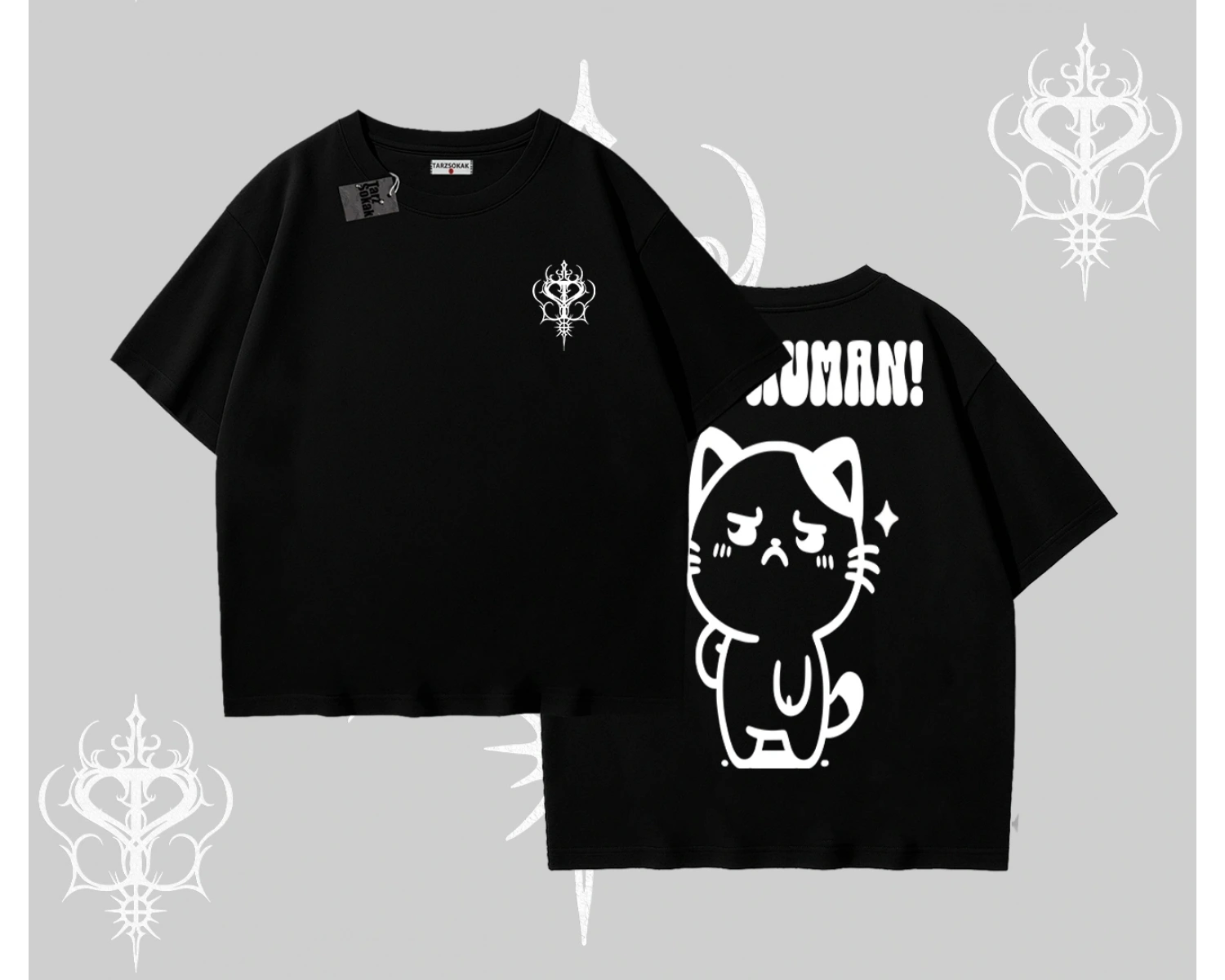 Sevimli Kedi Çizimli Arka Baskılı Oversize Tshirt