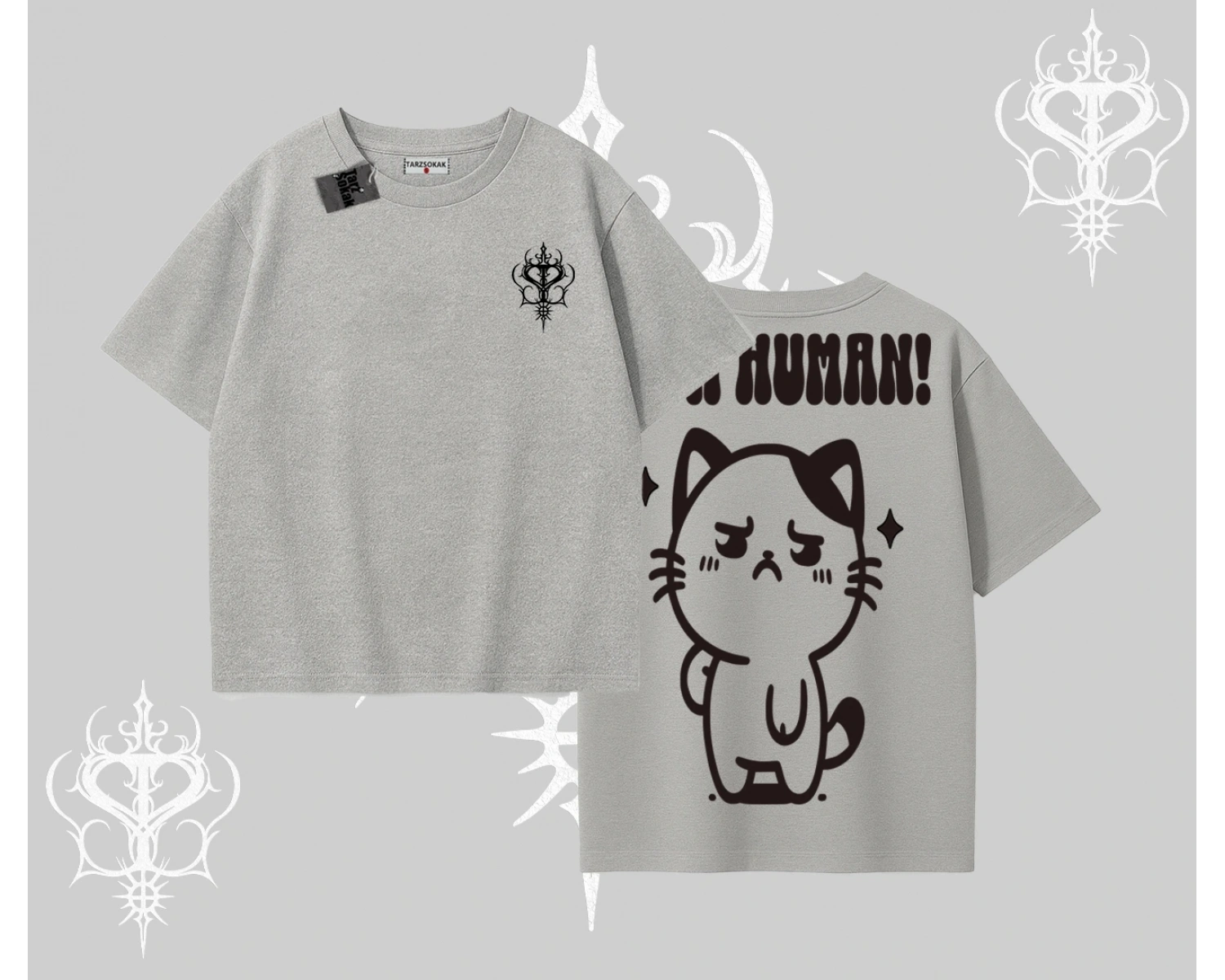 Sevimli Kedi Çizimli Arka Baskılı Oversize Tshirt