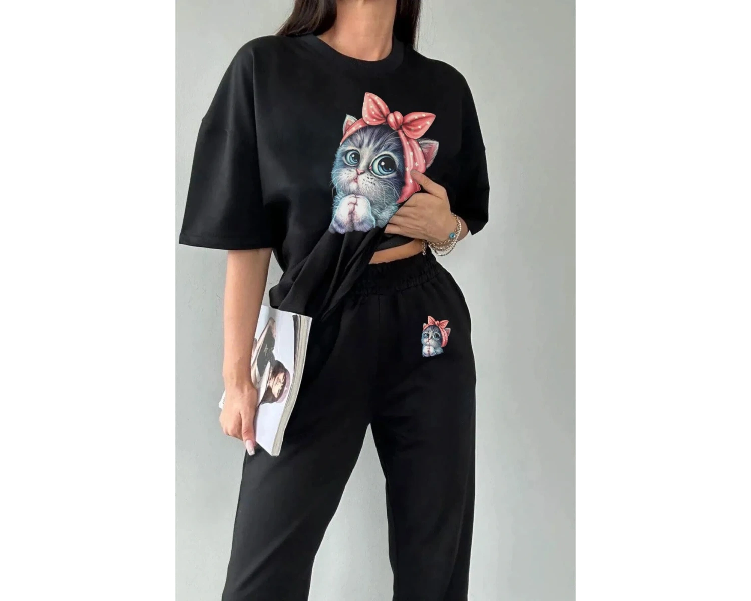 Sevimli Minik Kedi Eşofman Altı Ve T-shirt - Jogger Tişört Alt Üst Eşofman Takımı B