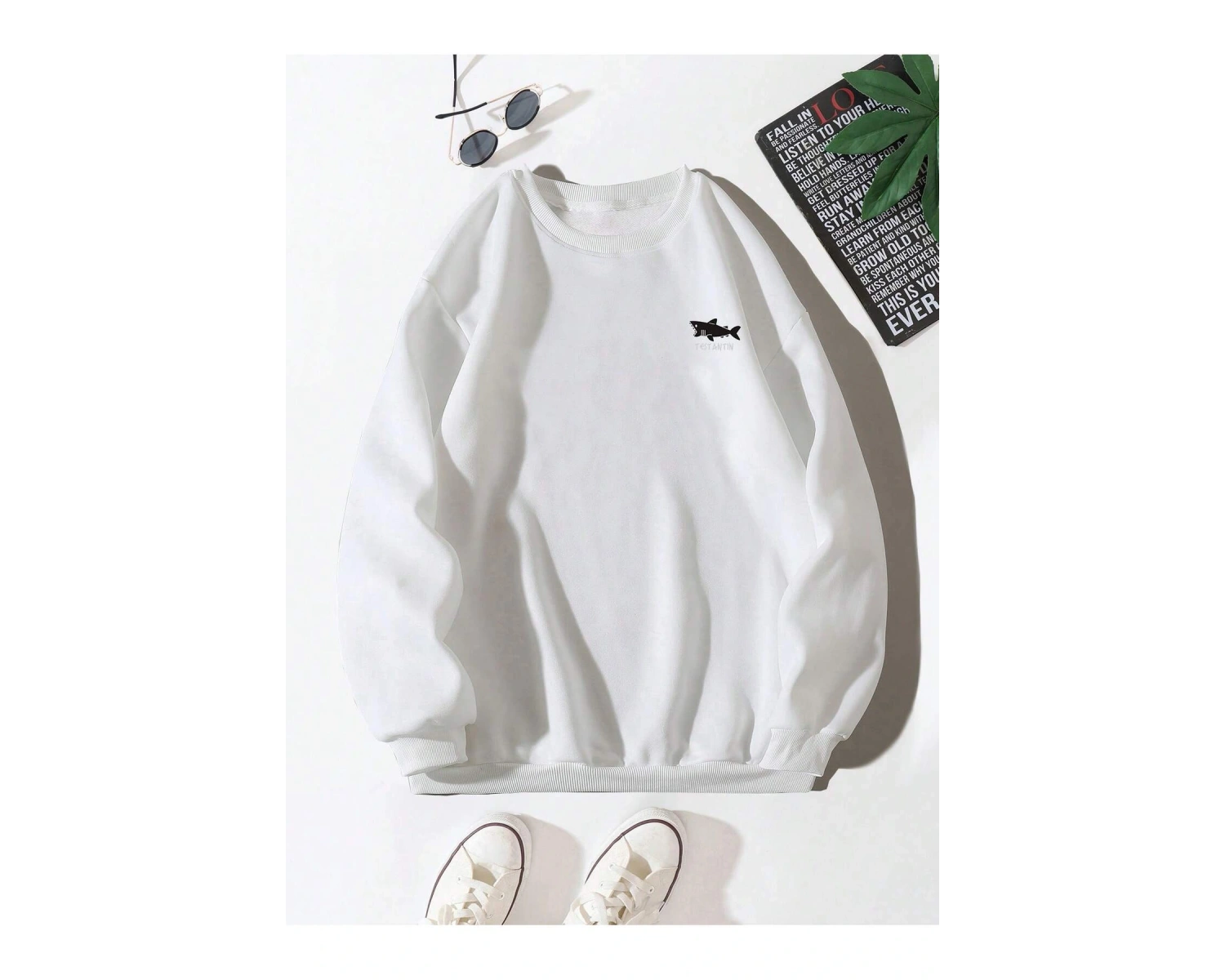 Shark Graphic Drop Shoulder Sweatshirt Beyaz