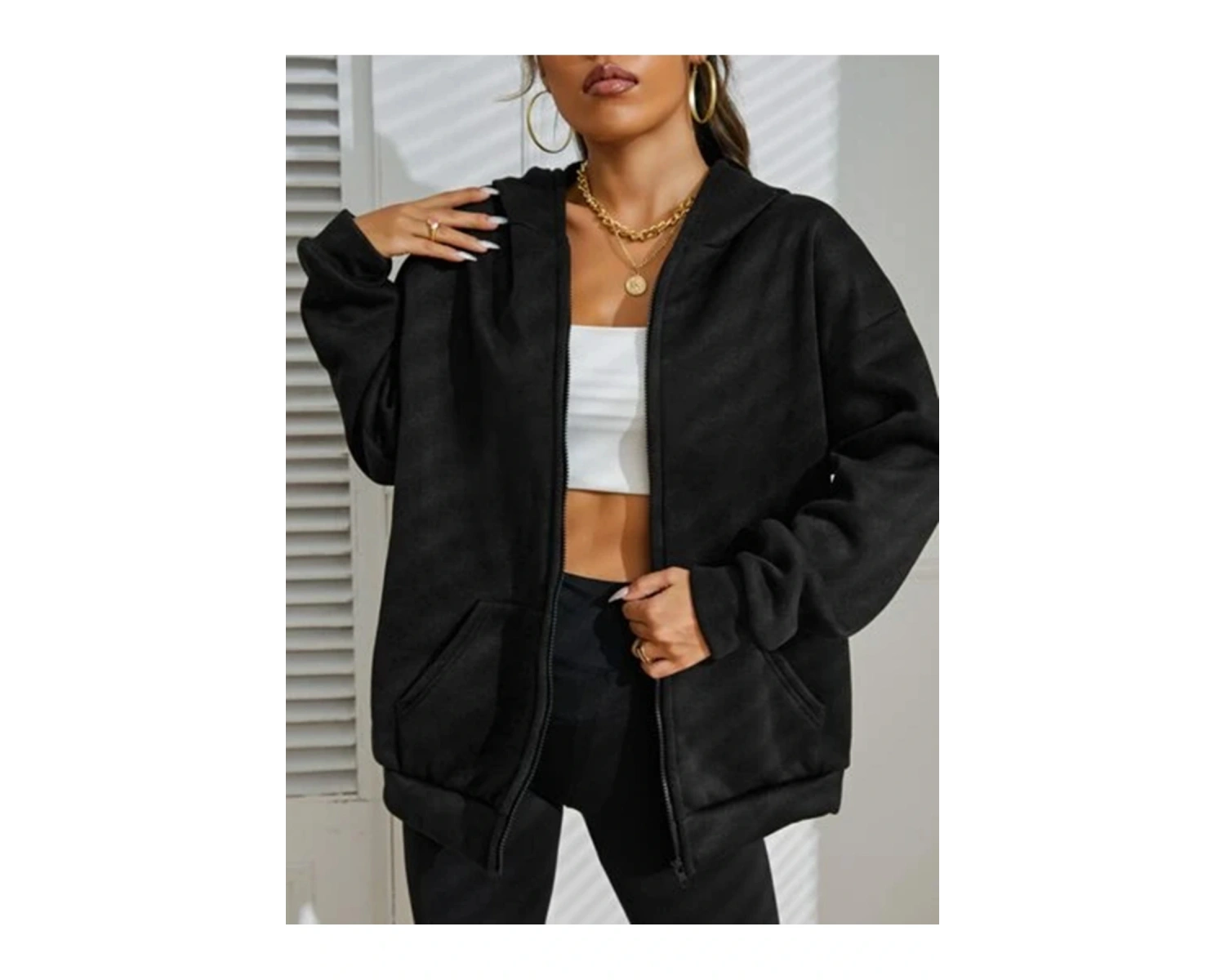 Siyah 2 ip Örme Kumaş Kapüşonlu Fermuarlı Sweatshirt