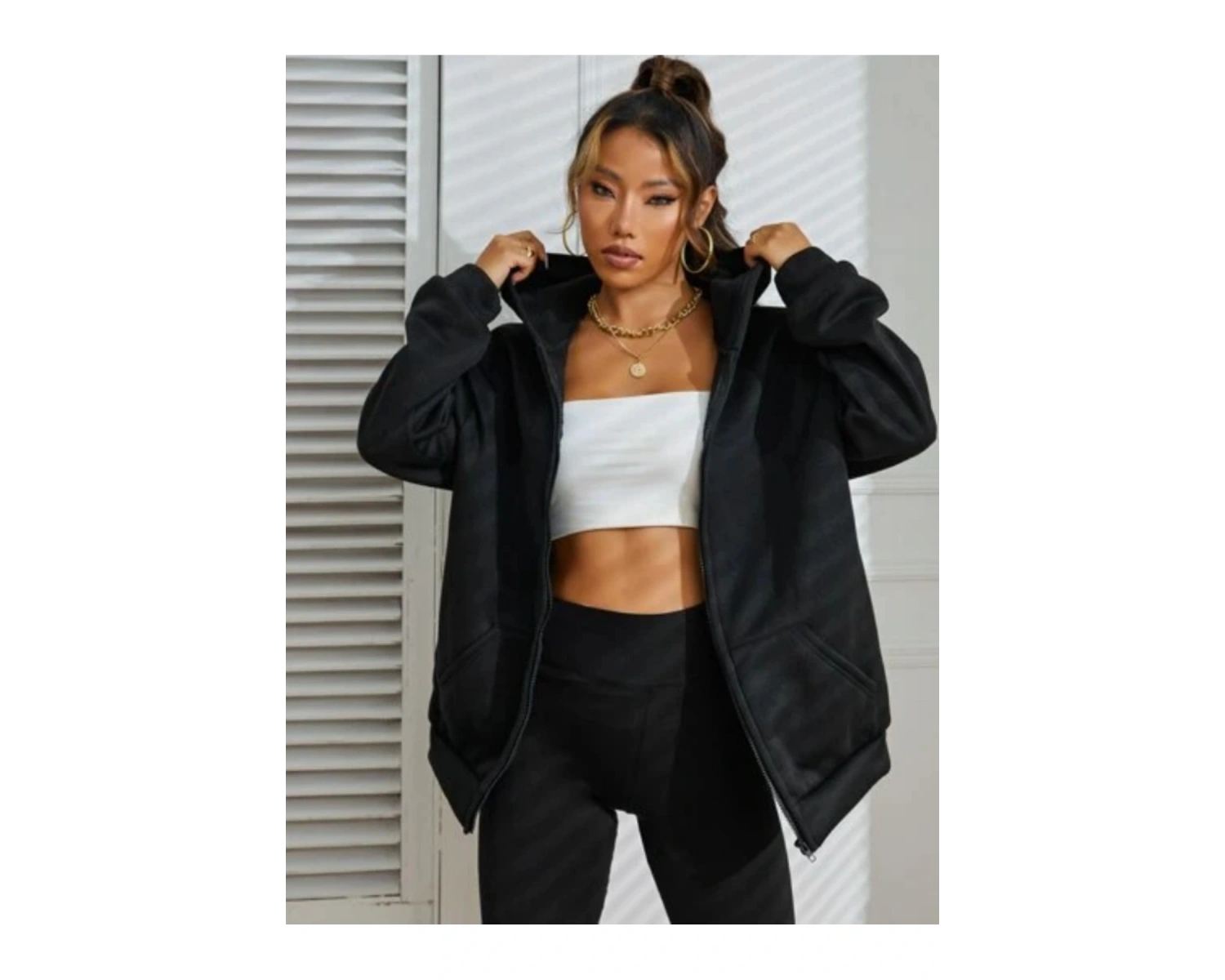 Siyah 2 ip Örme Kumaş Kapüşonlu Fermuarlı Sweatshirt