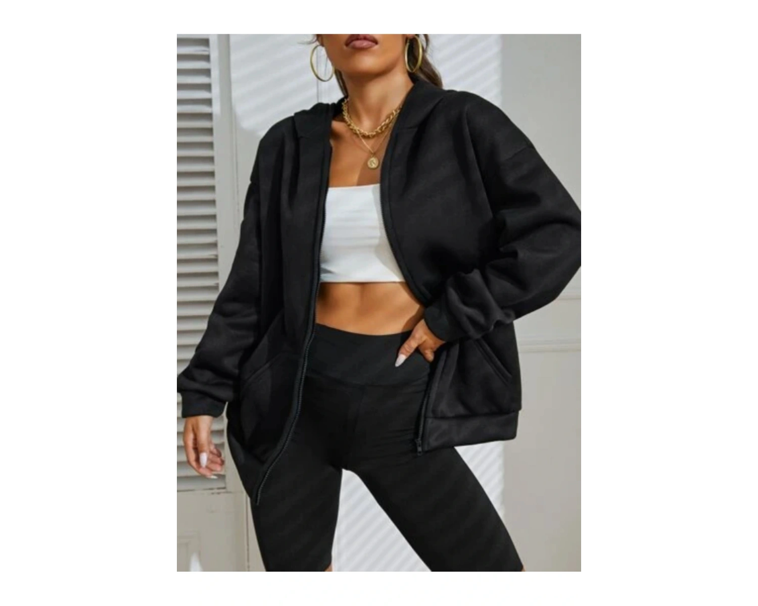 Siyah 2 ip Örme Kumaş Kapüşonlu Fermuarlı Sweatshirt