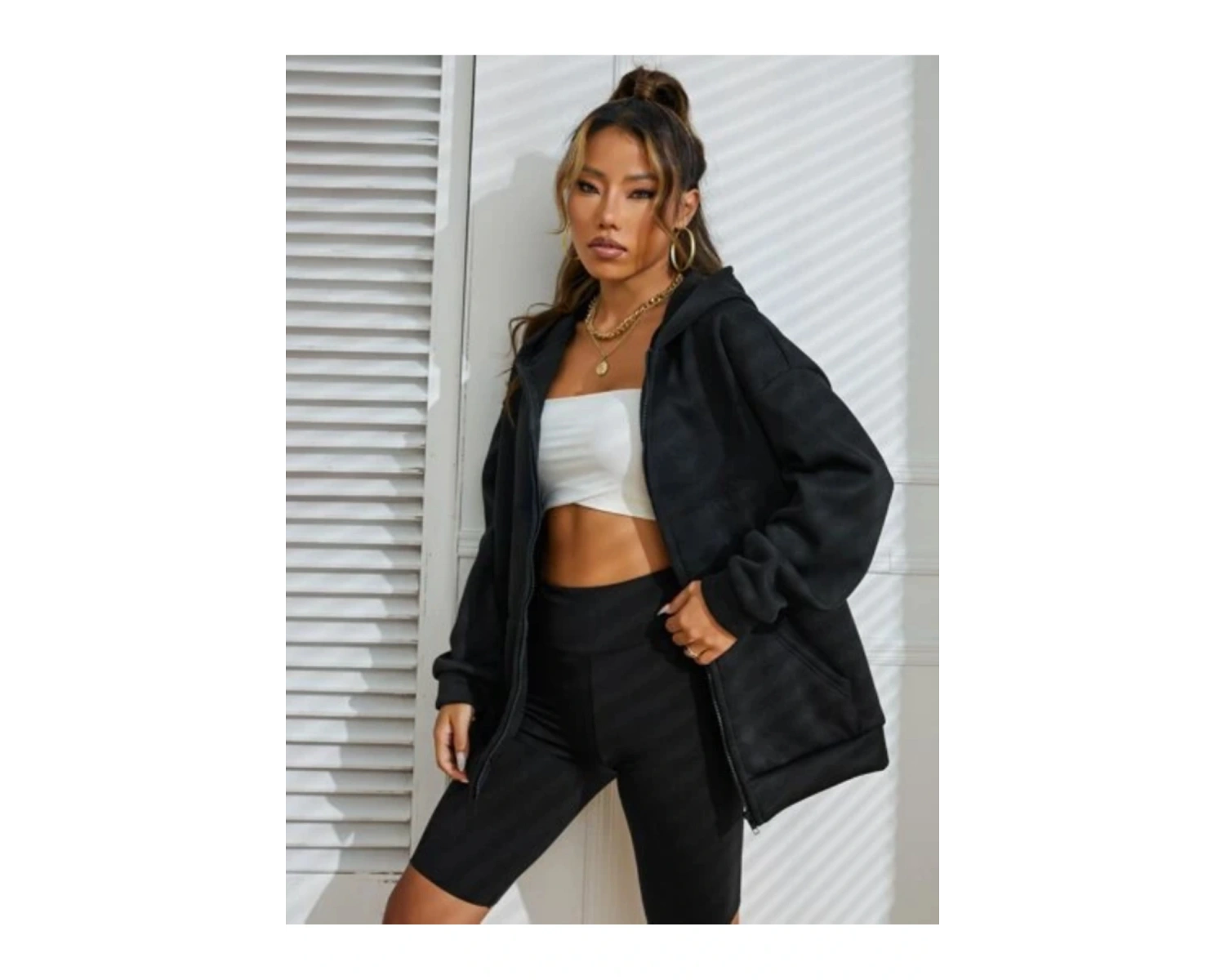 Siyah 2 ip Örme Kumaş Kapüşonlu Fermuarlı Sweatshirt