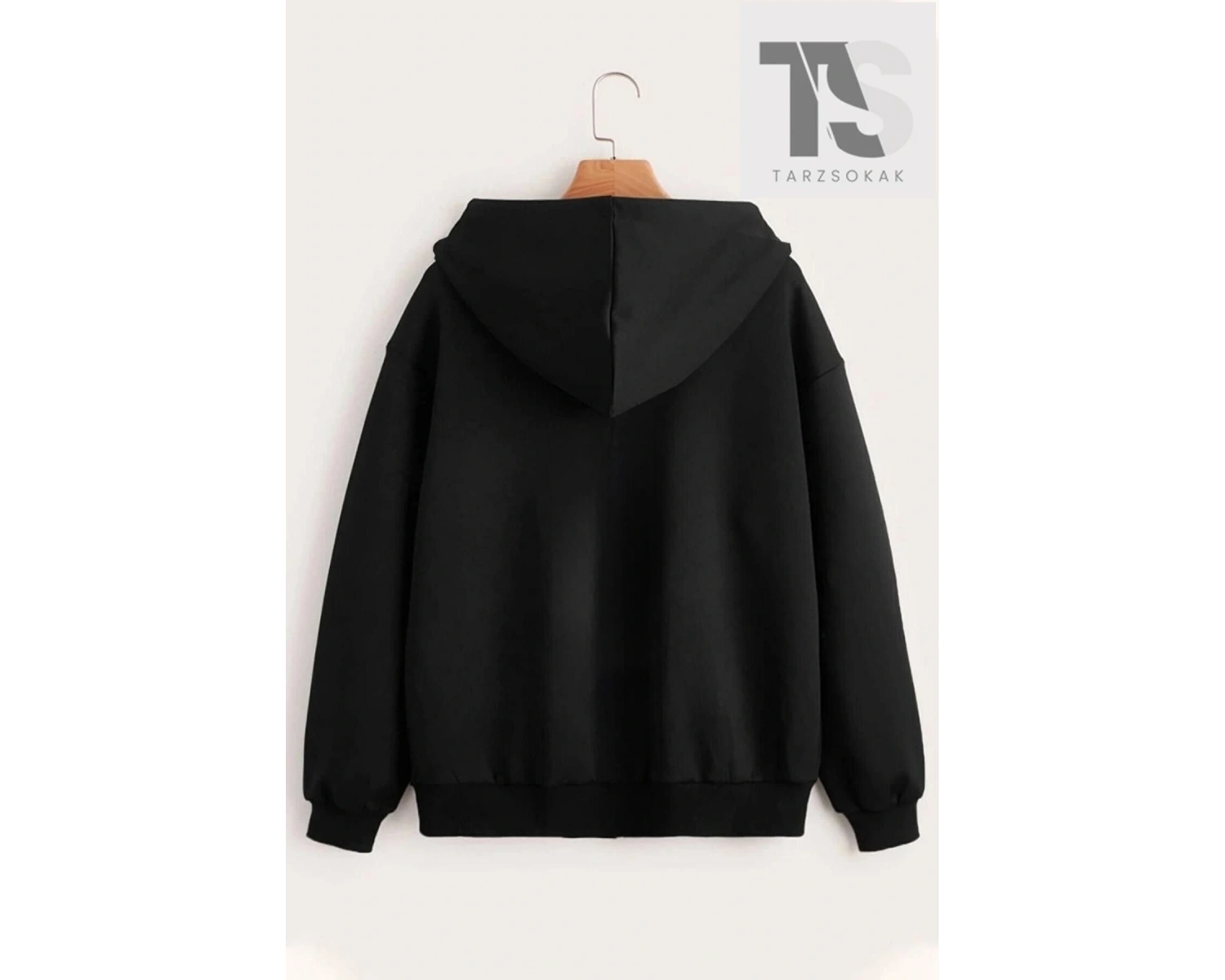 Siyah Baskılı Kışlık Oversize Kapüşonlu Fermuarlı Cep Detaylı