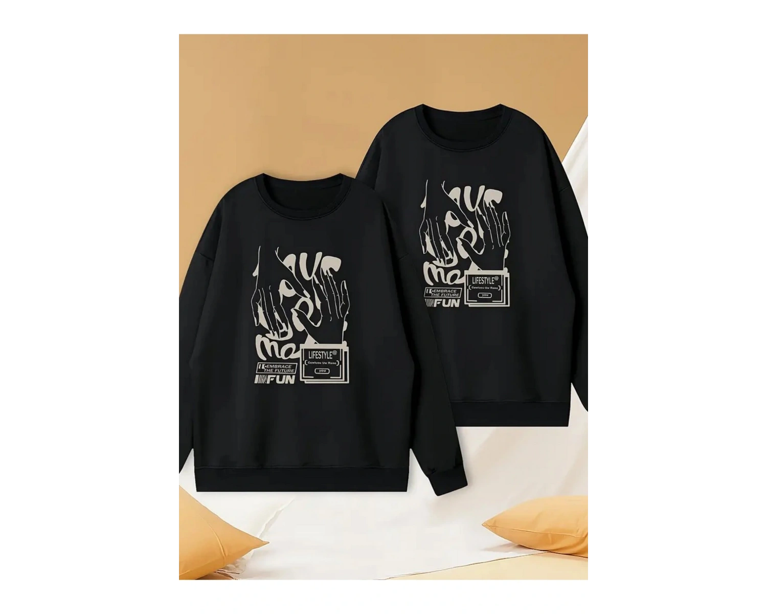 Siyah Biskilet Yaka Sweatshirt Çift Sevgili Kombinleri Couple Clothing