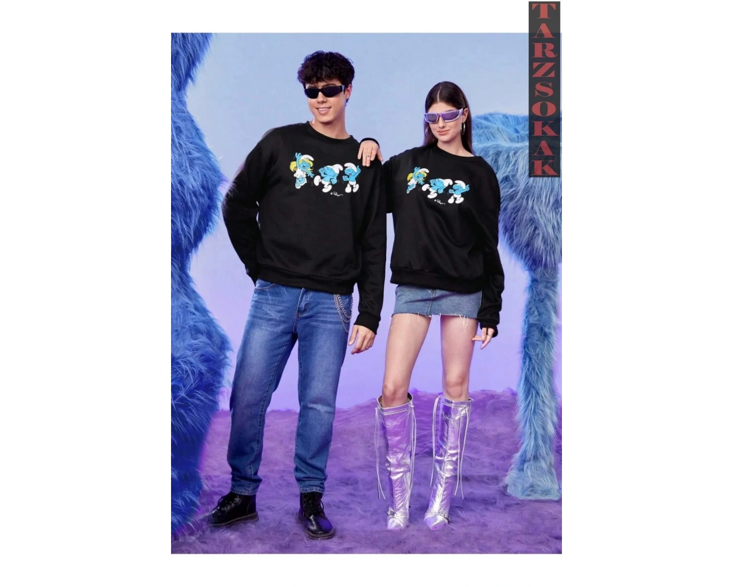 Siyah Biskilet Yaka Sweatshirt Çift Sevgili Kombinleri Couple Clothing