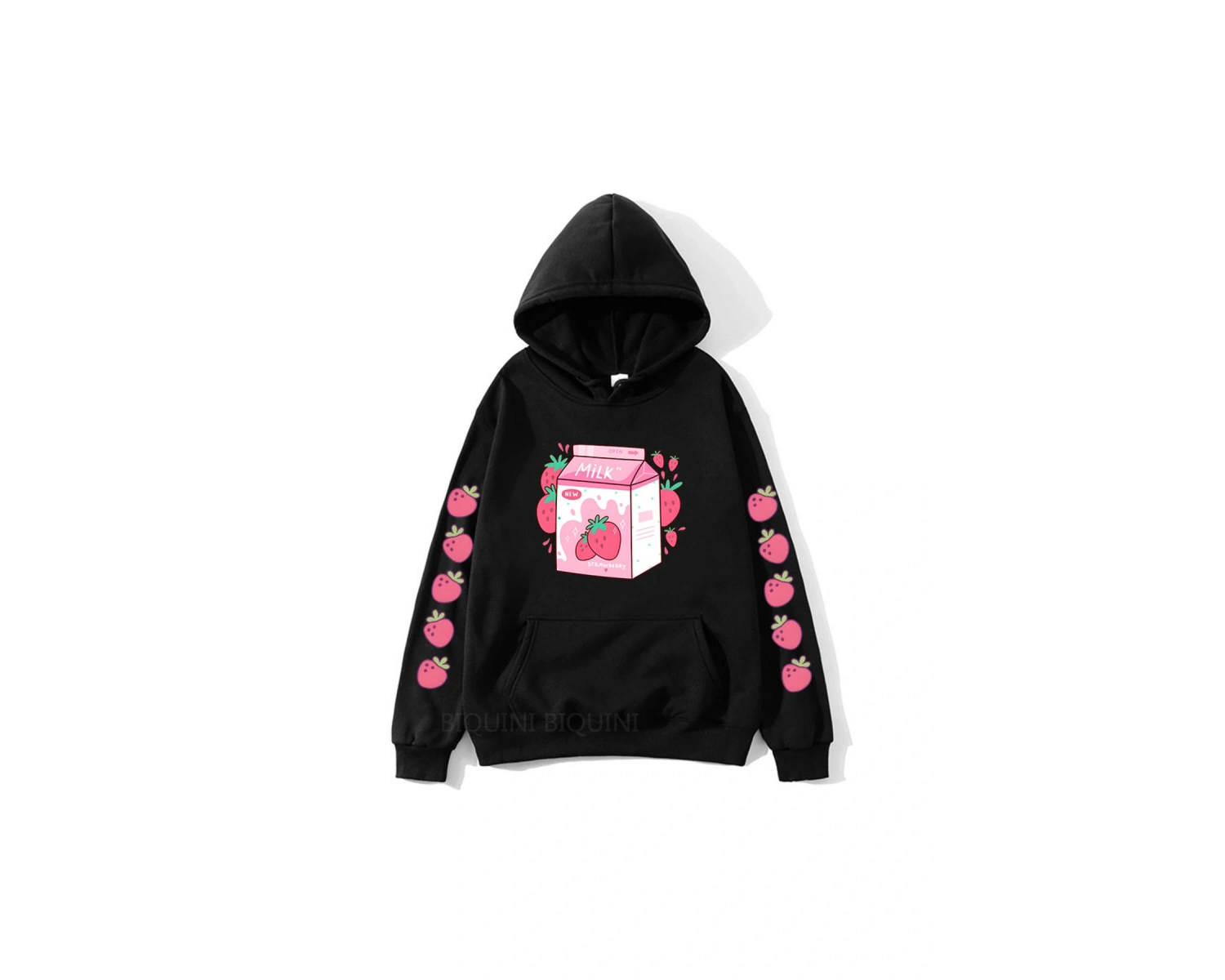 Siyah Çilek süt karikatürHoodies Kawaiiular