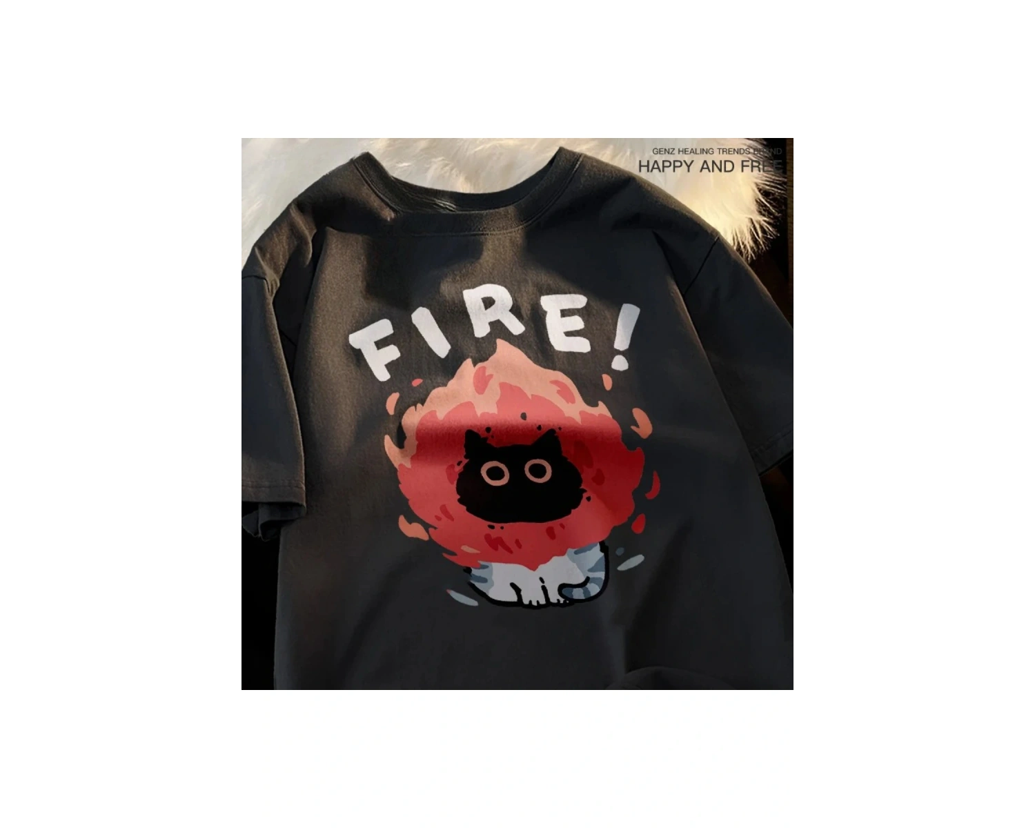 Siyah Eğlenceli ve Sevimli Kedi ve Köpek Desen Gevşek Tshirt Vintage Üst FemaleT-Shir