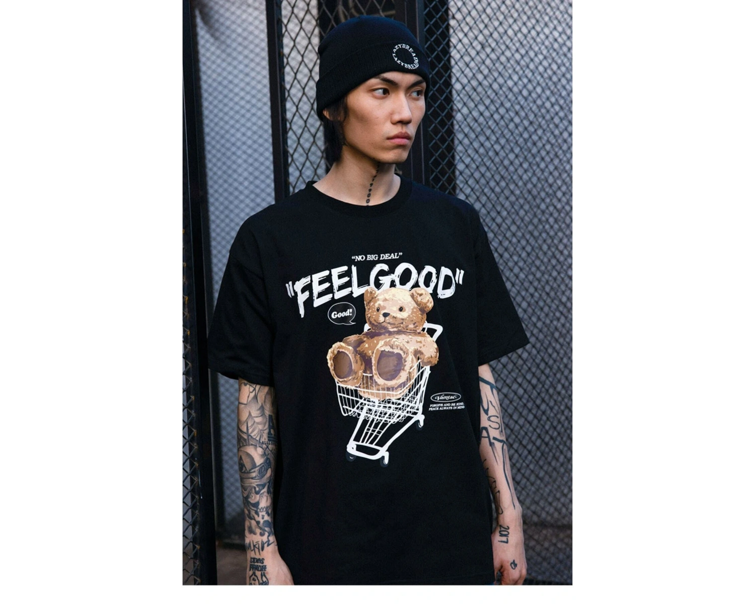 Siyah Feel Good Ayı Baskılı Oversize Bisiklet Yaka Erkek Tişört