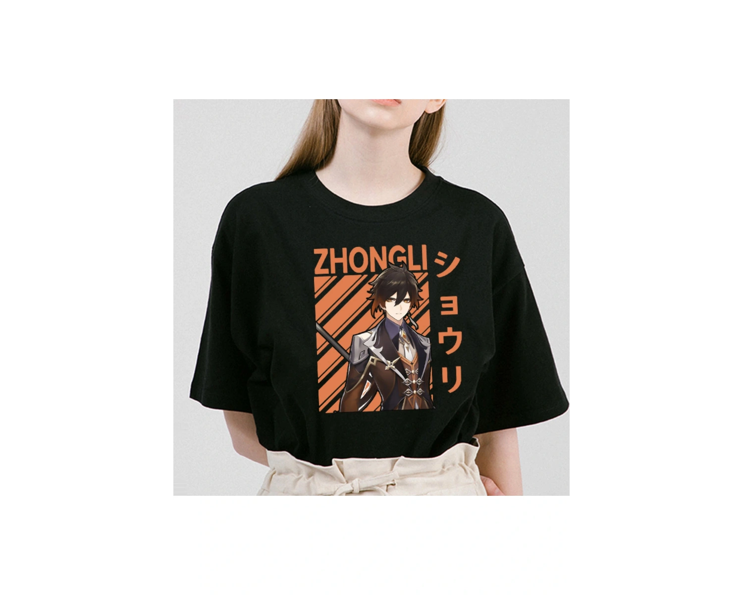 Siyah Genshin Darbe Zhong Li Morax Tees Kısa Sleeve100 Yaz Karikatür Streetweed