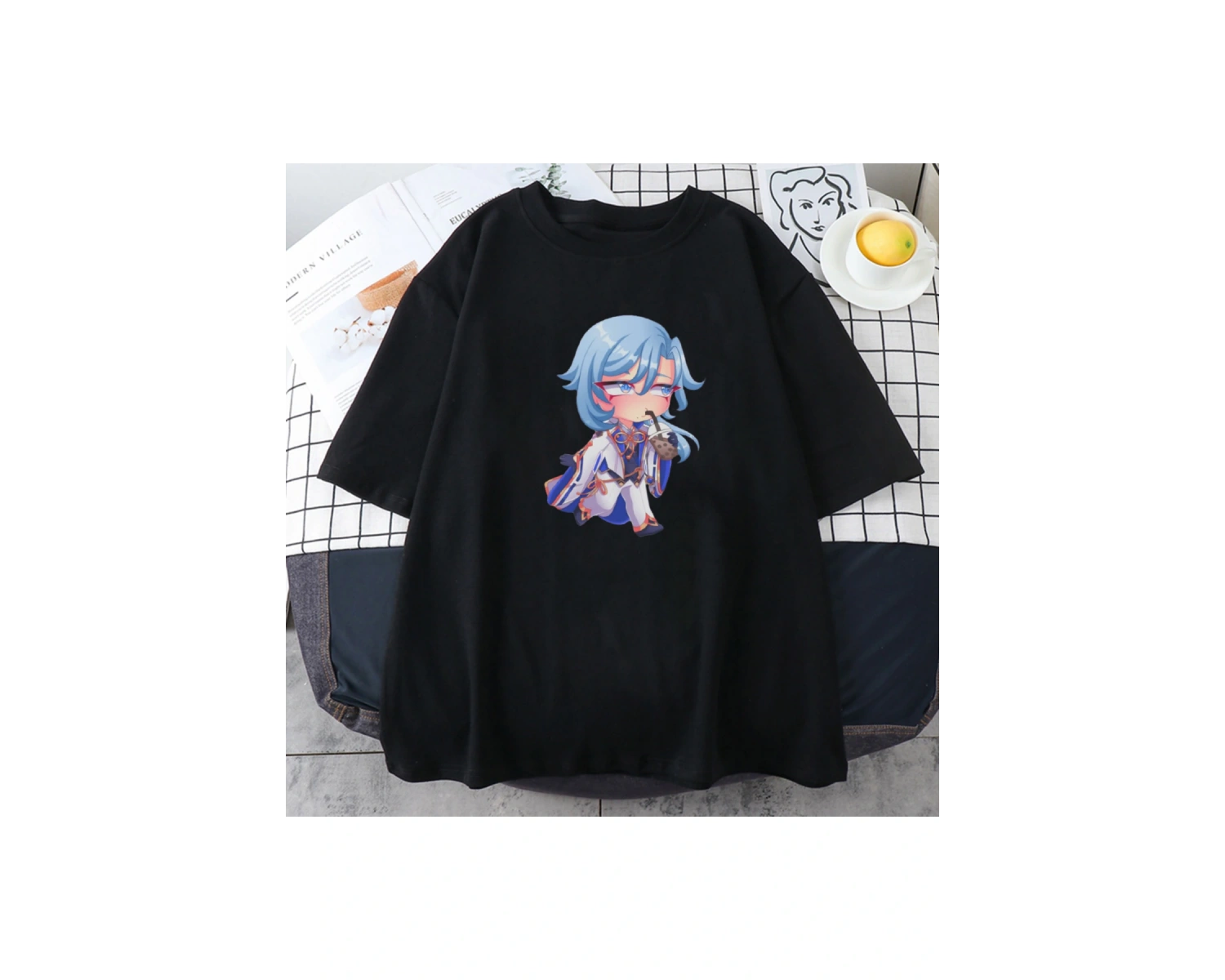 Siyah Genshin Etki Kamisato Ayato ve Ayakas Anime Baskı Tees ilkbahar Ya