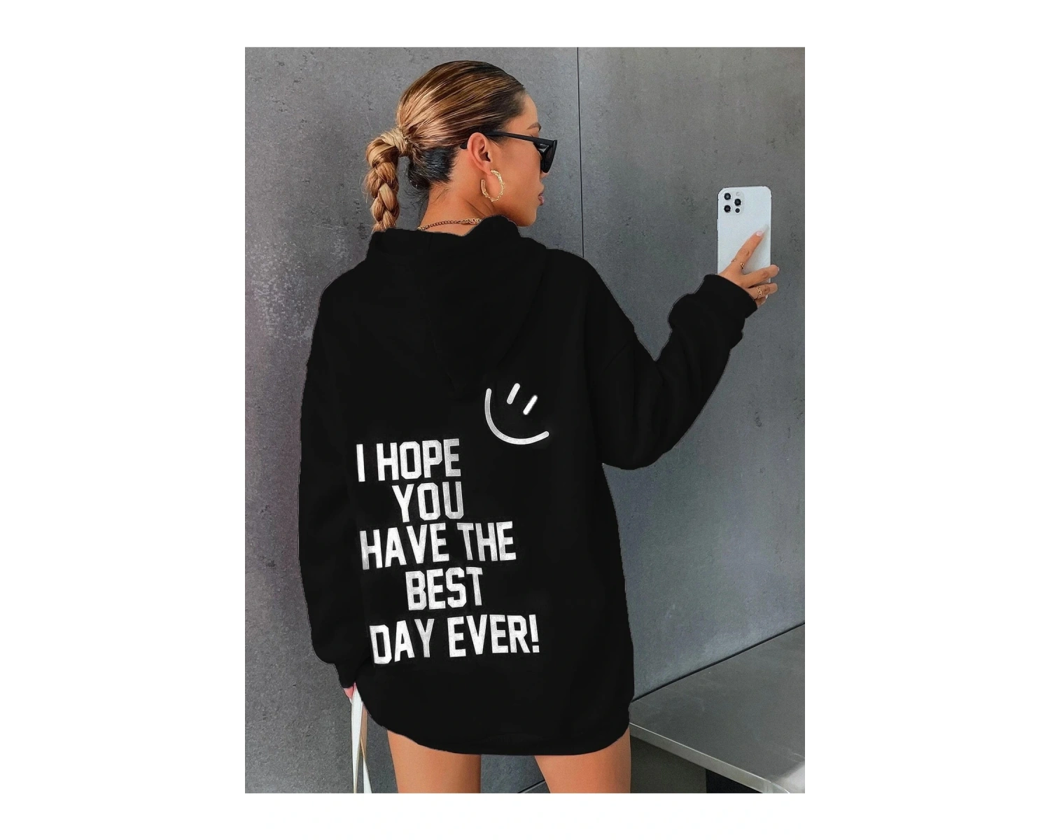 Siyah Happy Baskılı Oversize Kapüşonlu Sweatshirt