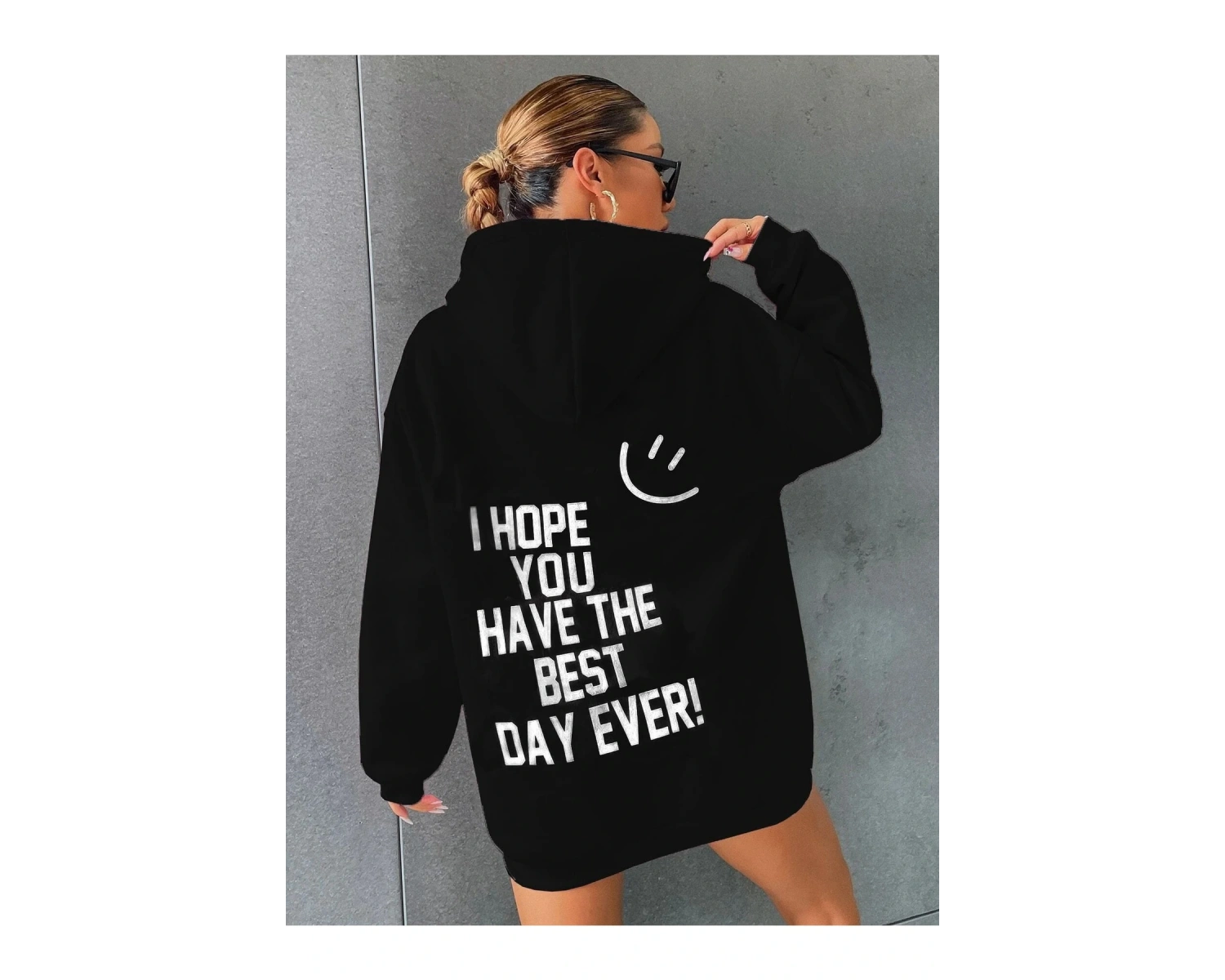 Siyah Happy Baskılı Oversize Kapüşonlu Sweatshirt