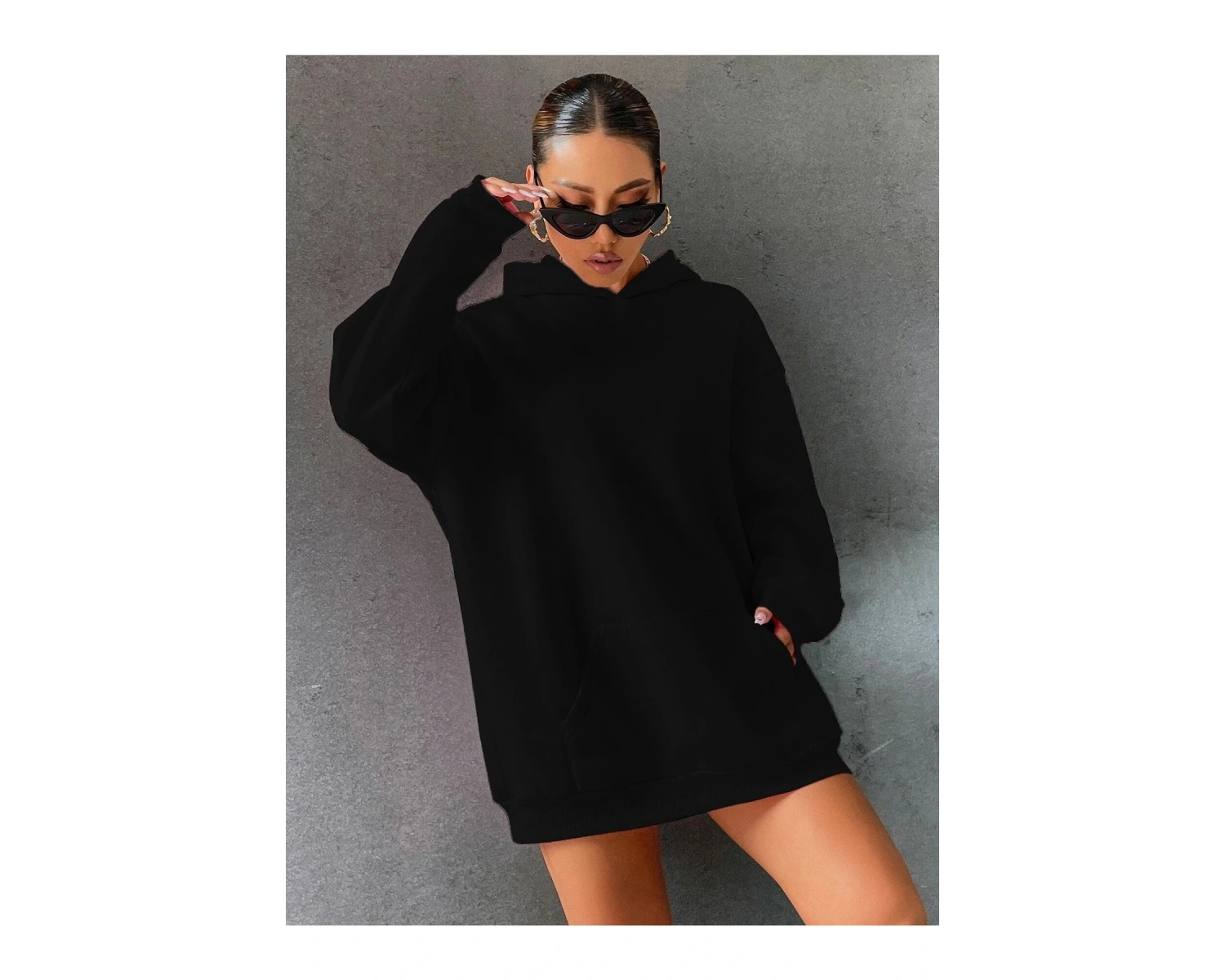 Siyah Happy Baskılı Oversize Kapüşonlu Sweatshirt
