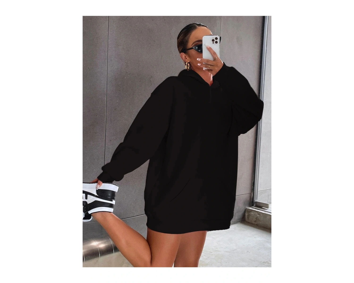 Siyah Happy Baskılı Oversize Kapüşonlu Sweatshirt