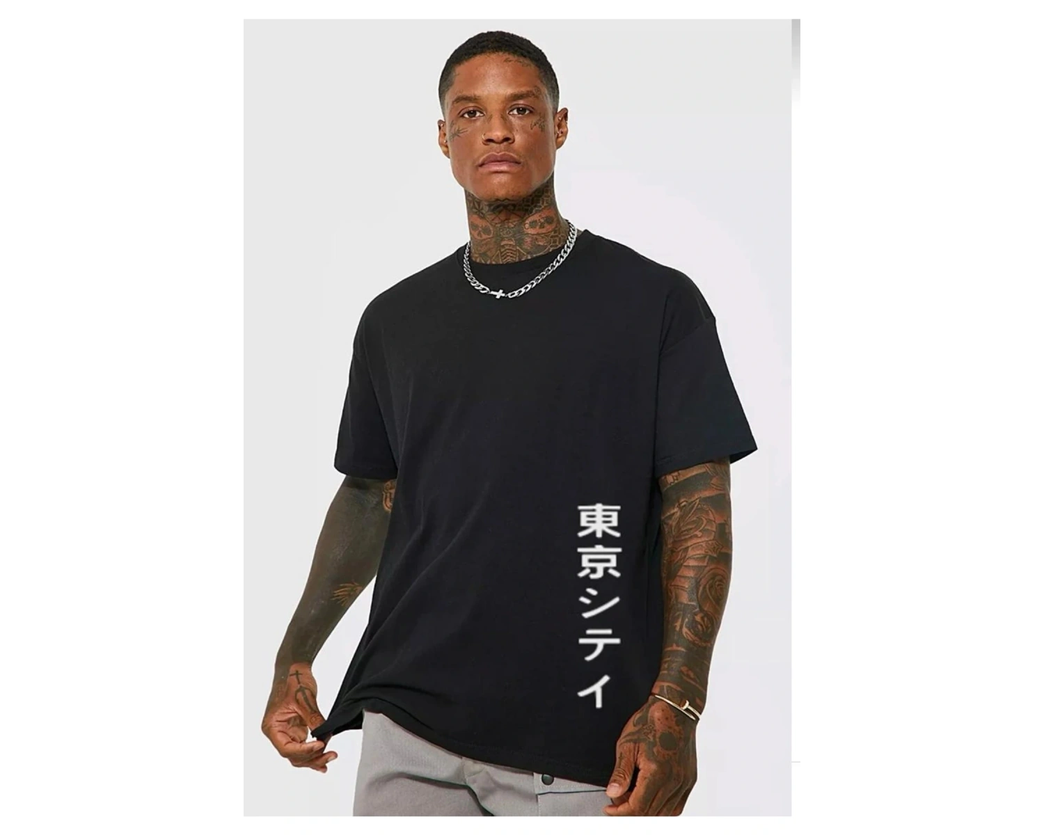 Siyah Japannes Baskı Pamuklu Oversize Tshirt