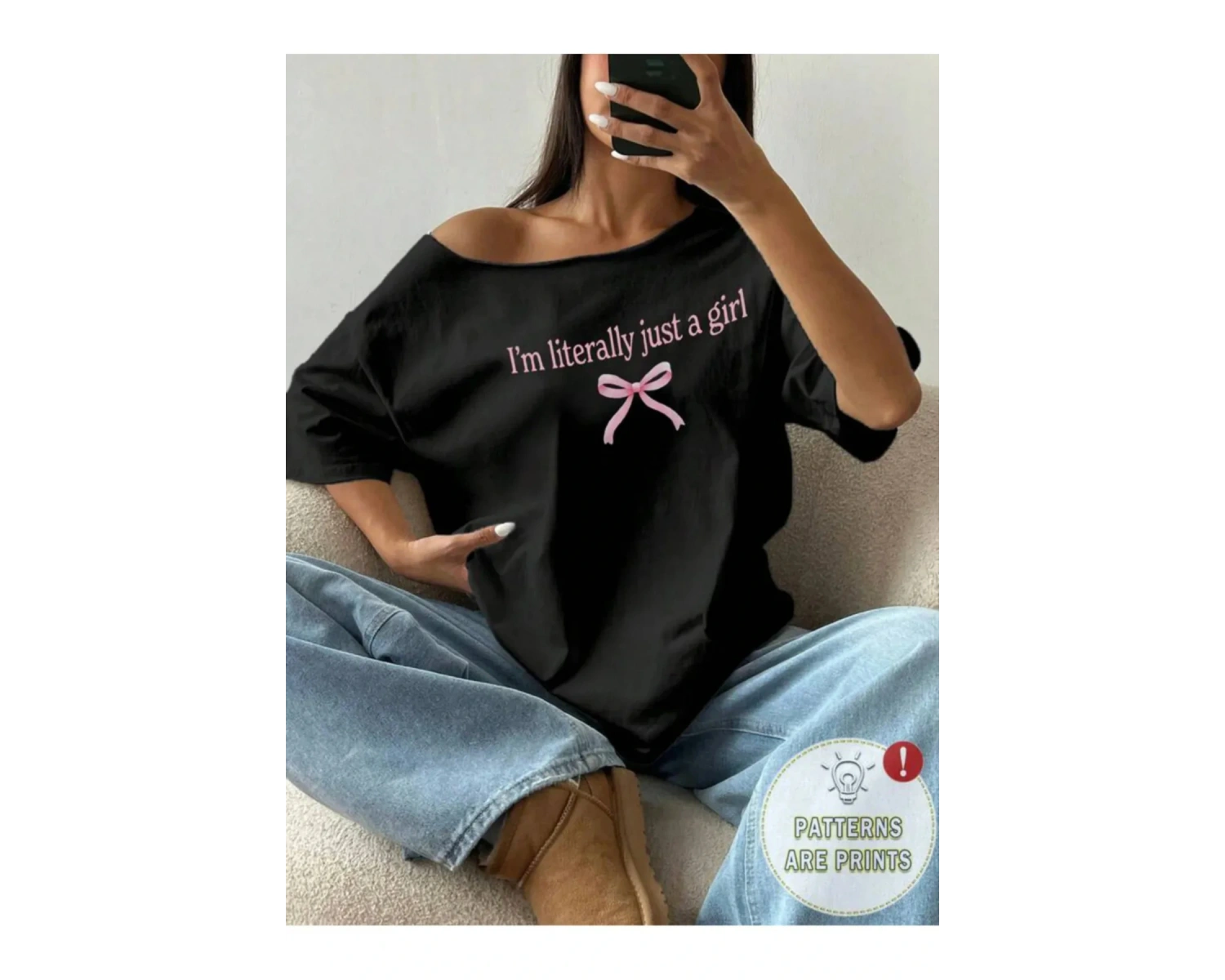 Siyah Kadın Düşük Omuz Kayık Yaka Baskılı