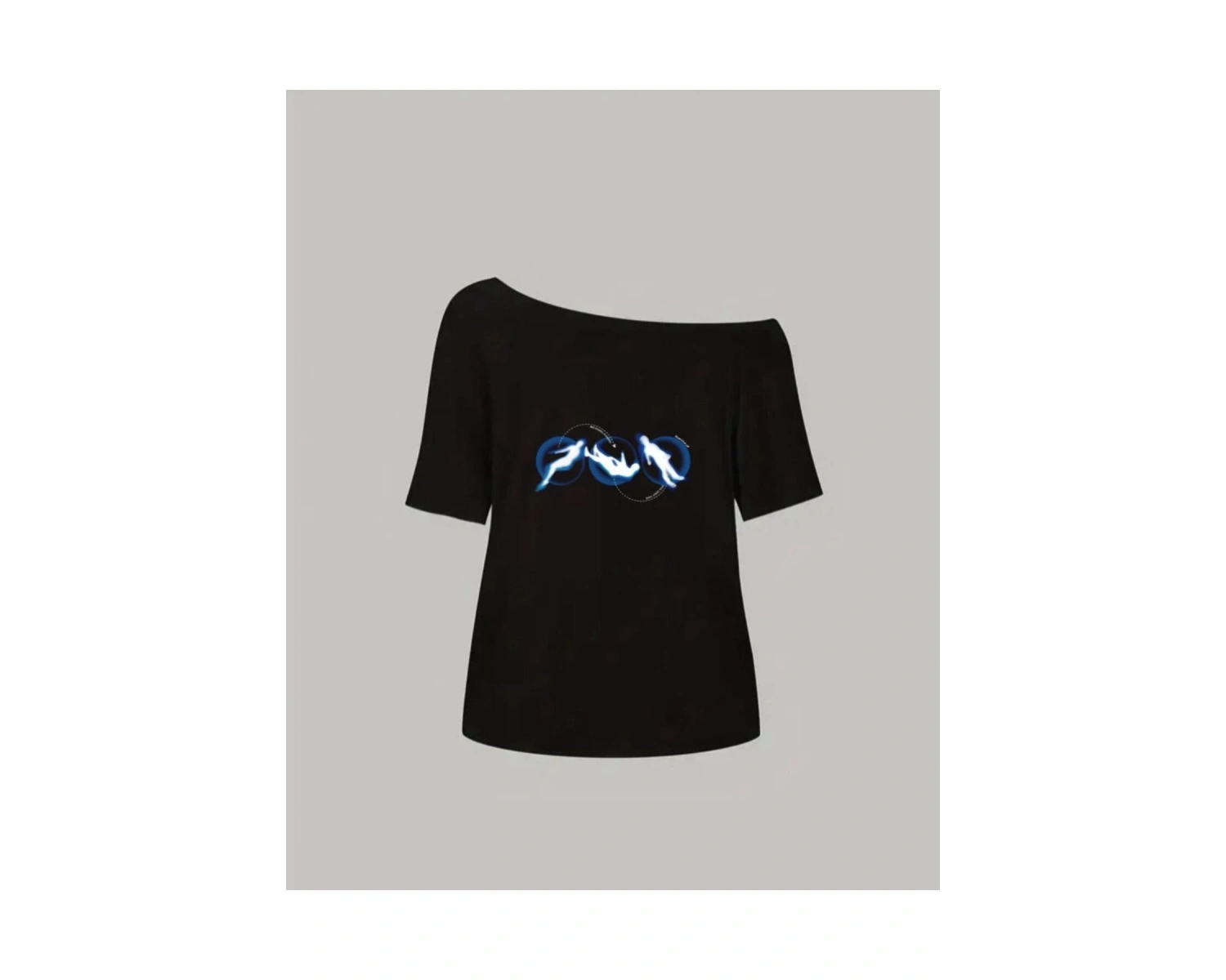 Siyah Kadın Düşük Omuz Kayık Yaka Baskılı