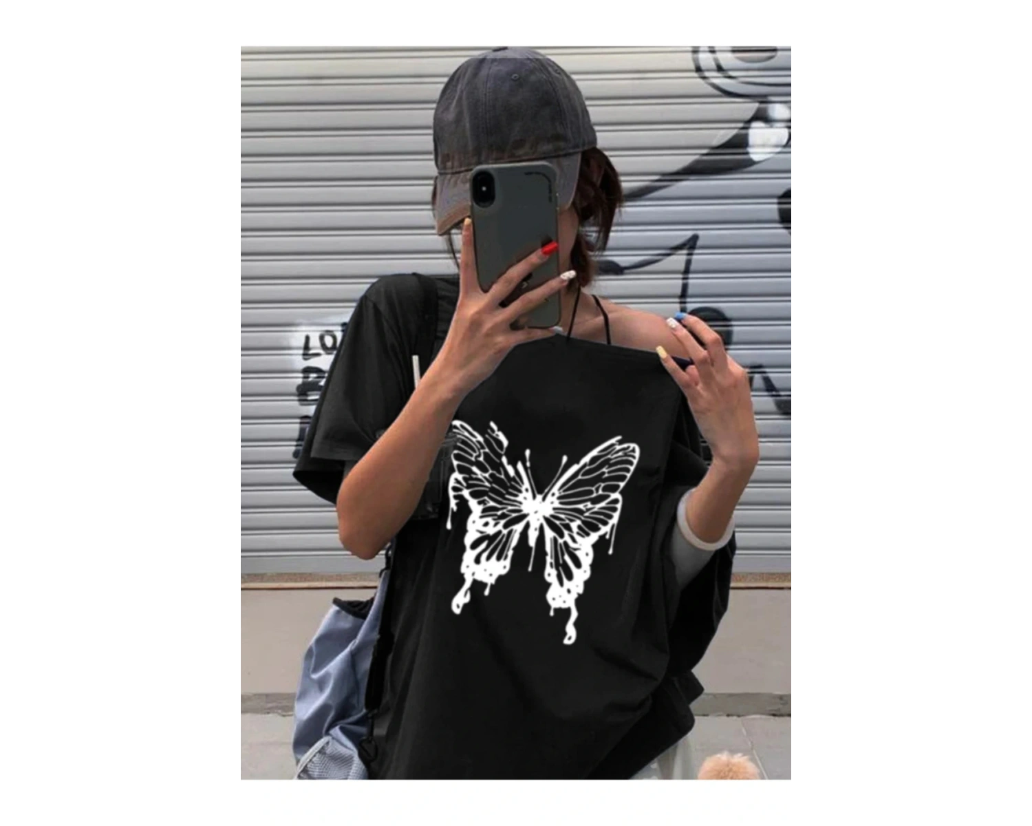 Siyah Kadın Düşük Omuz Kayık Yaka Beyaz Kelebek Baskılı