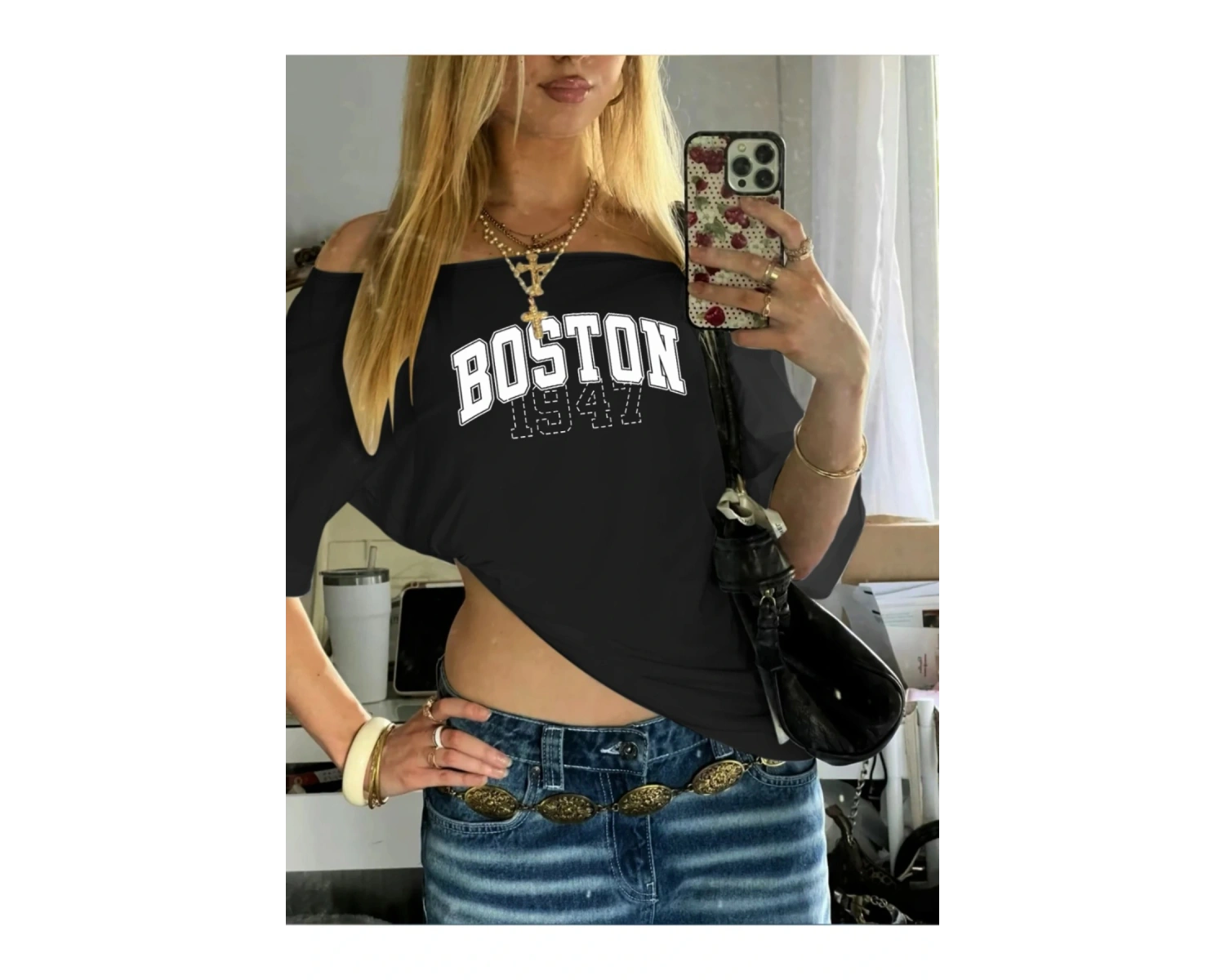 Siyah Kadın Düşük Omuz Kayık Yaka Bostan 1947 Baskılı