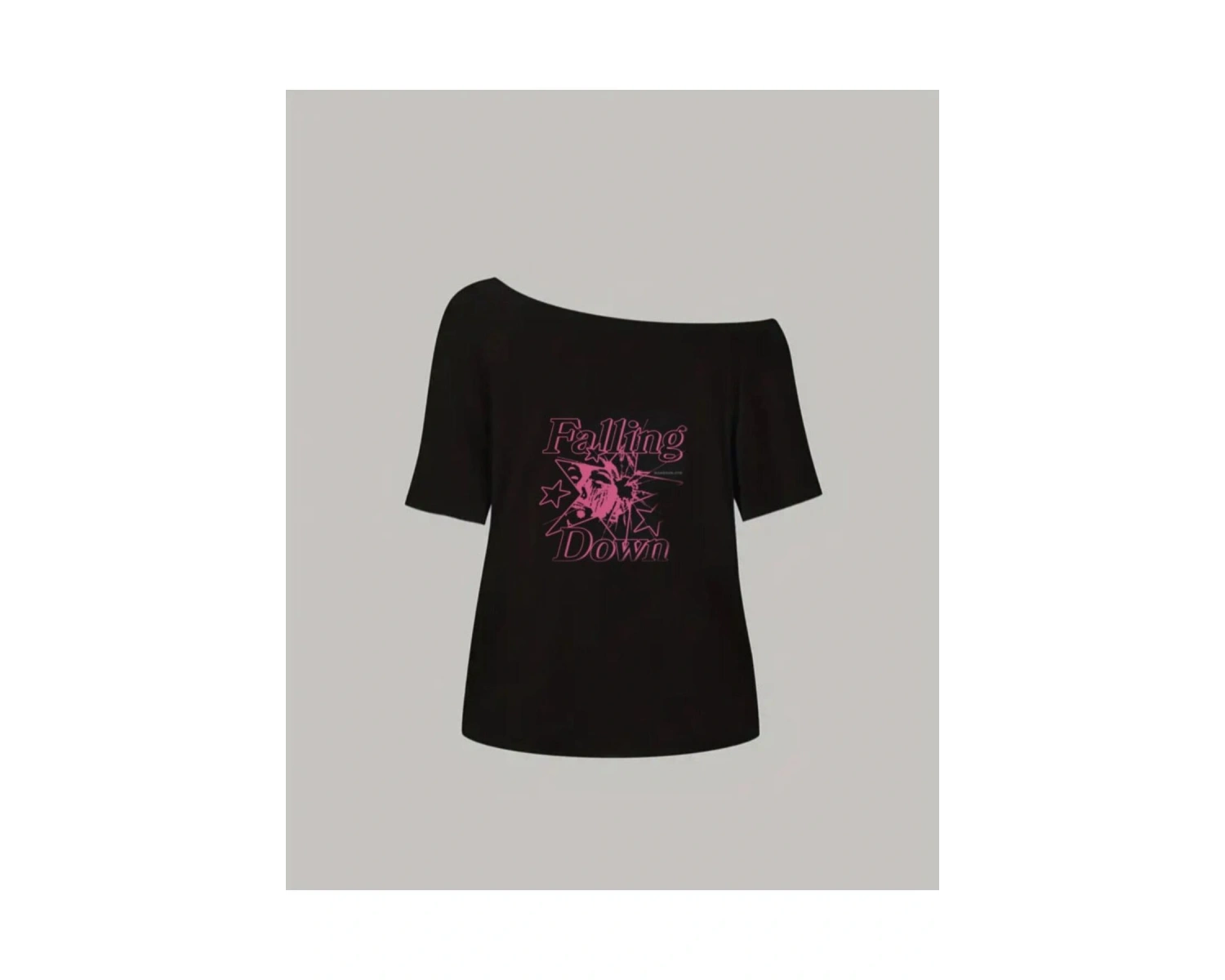 Siyah Kadın Düşük Omuz Kayık Yaka Falling Down Baskılı