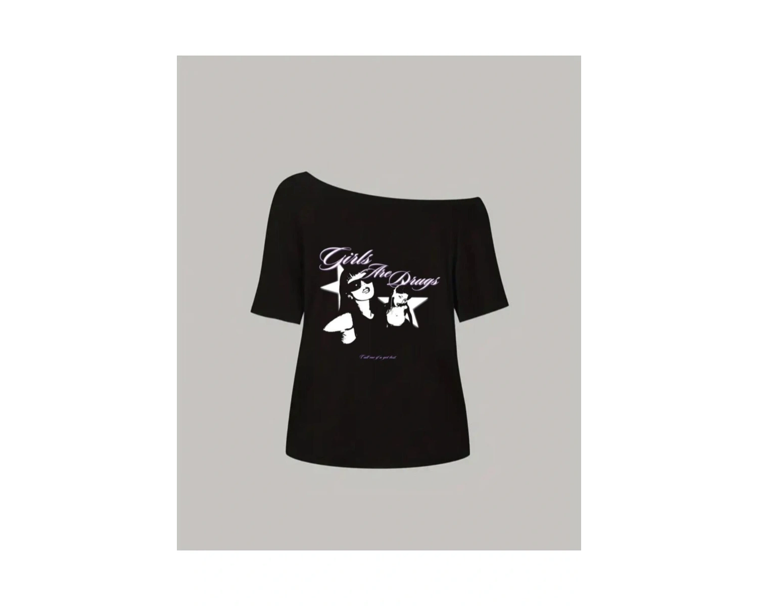 Siyah Kadın Düşük Omuz Kayık Yaka Girls Are Drugs Baskılı