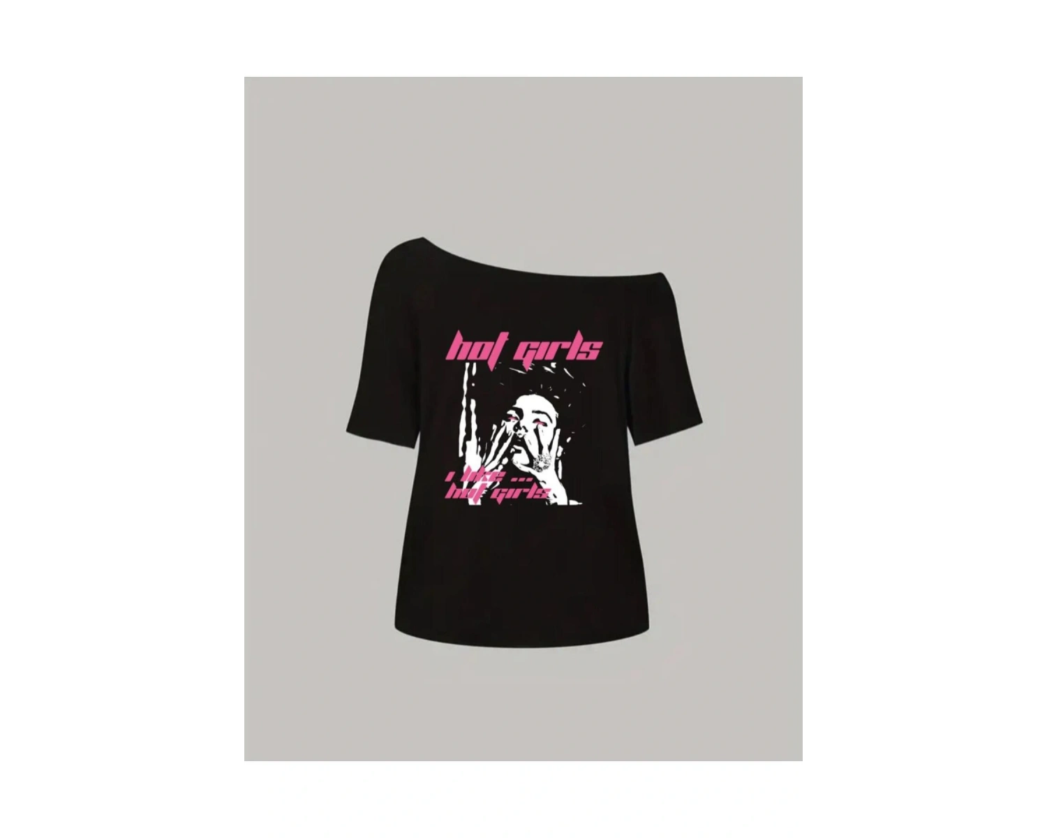 Siyah Kadın Düşük Omuz Kayık Yaka Hot Girls Baskılı