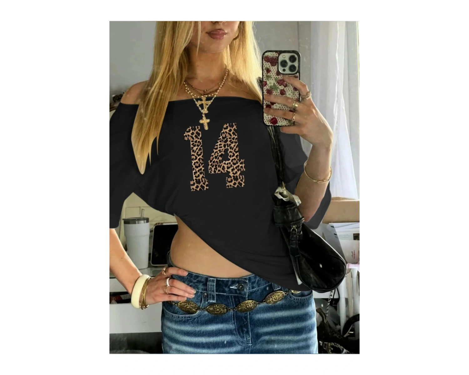 Siyah Kadın Düşük Omuz Kayık Yaka Leopar 14 Baskılı