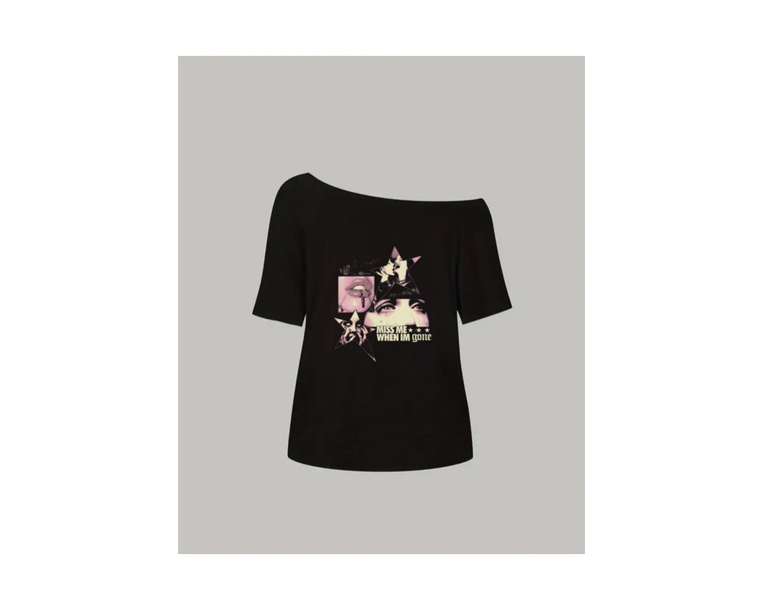 Siyah Kadın Düşük Omuz Kayık Yaka Miss Me When Baskılı