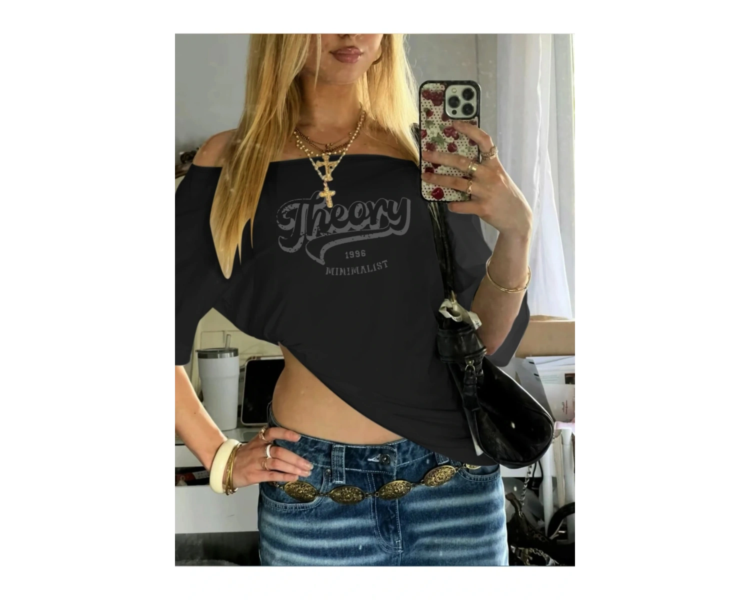 Siyah Kadın Düşük Omuz Kayık Yaka Theory Baskılı