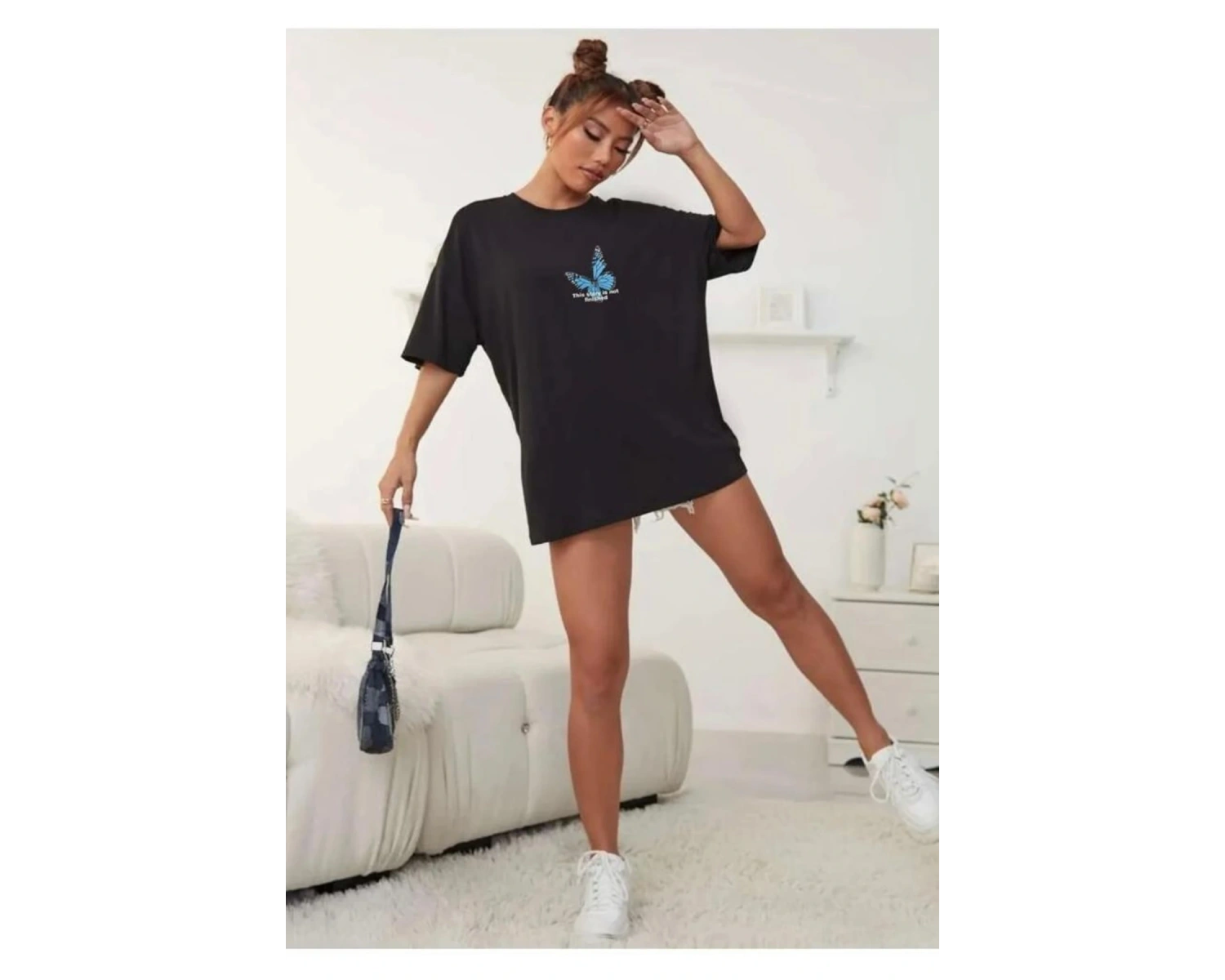 Siyah Kadın Oversize Mavi Kelebek Baskılı Tshirt garalio