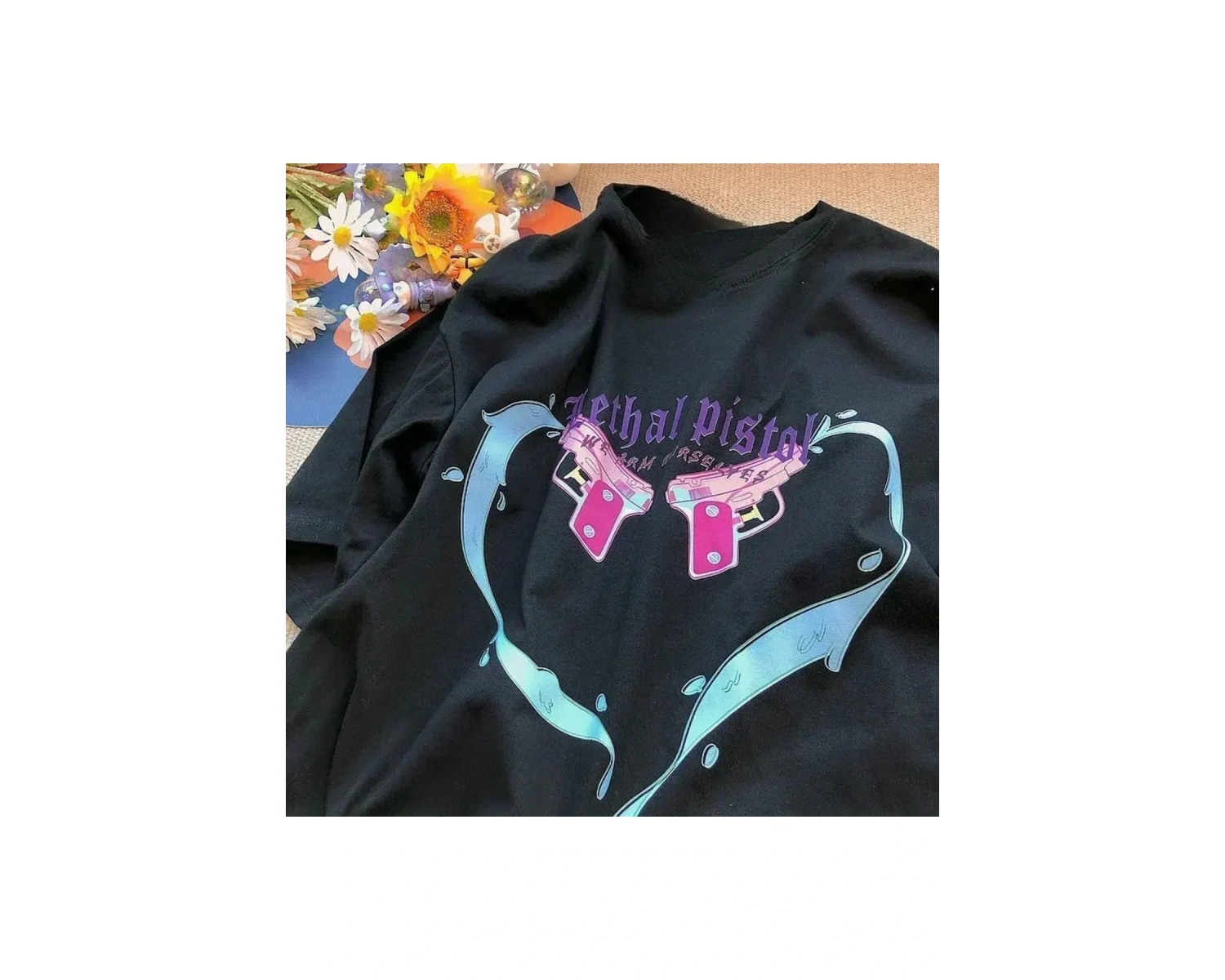 Siyah Karikatür Baskı Yaz Sevimli Kalp şeklinde Desen Harajuku