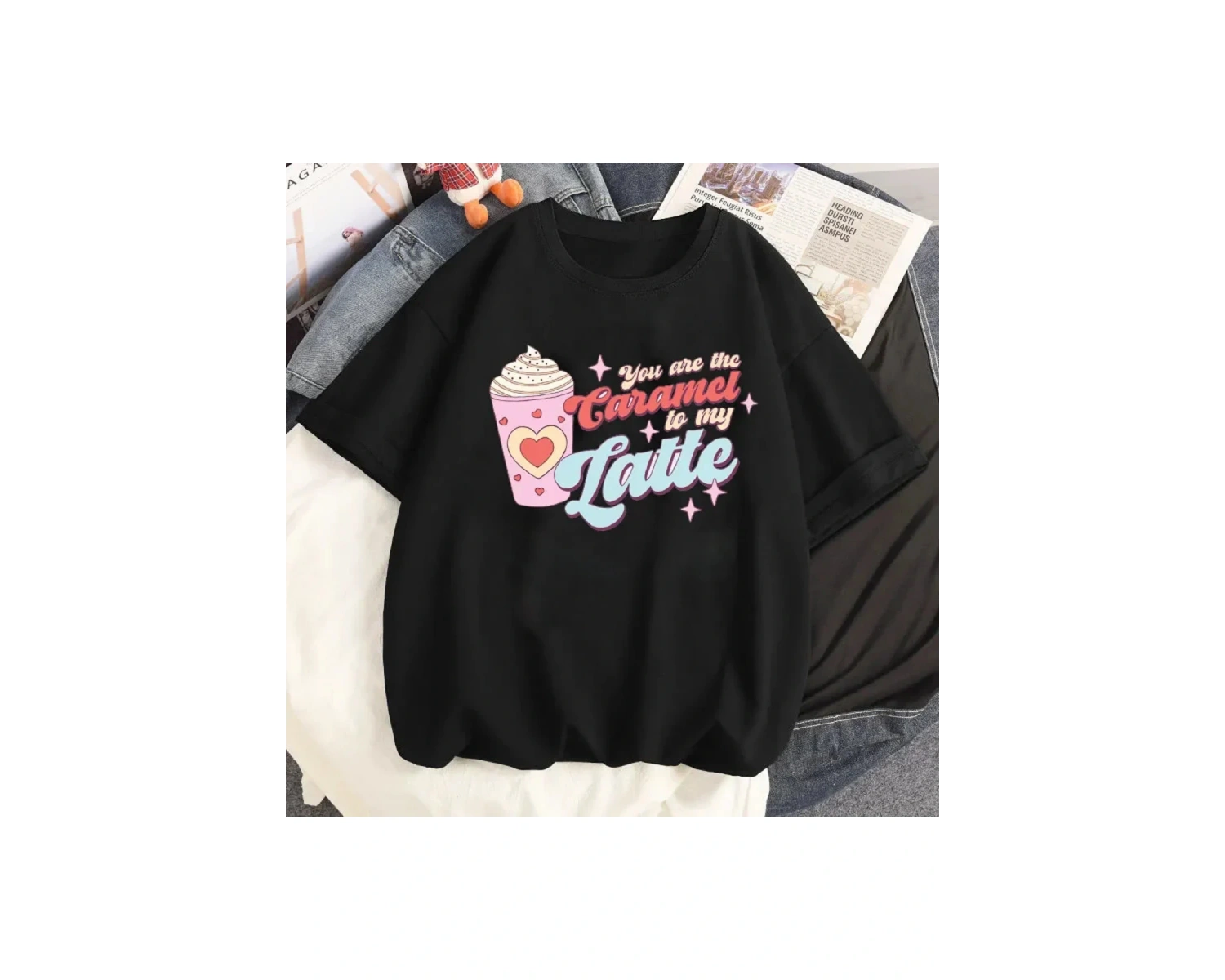 Siyah Karikatür i Sevimli Kedi Grafik Tee Köpek Baskı